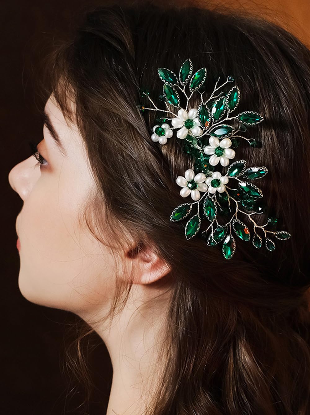 Wekicici Flower Bride Wedding Hair Comb Emerald Green Rhinestone Pearl Hair Piece Bridal Crystal Hair Side Comb Hair Accessories for Women