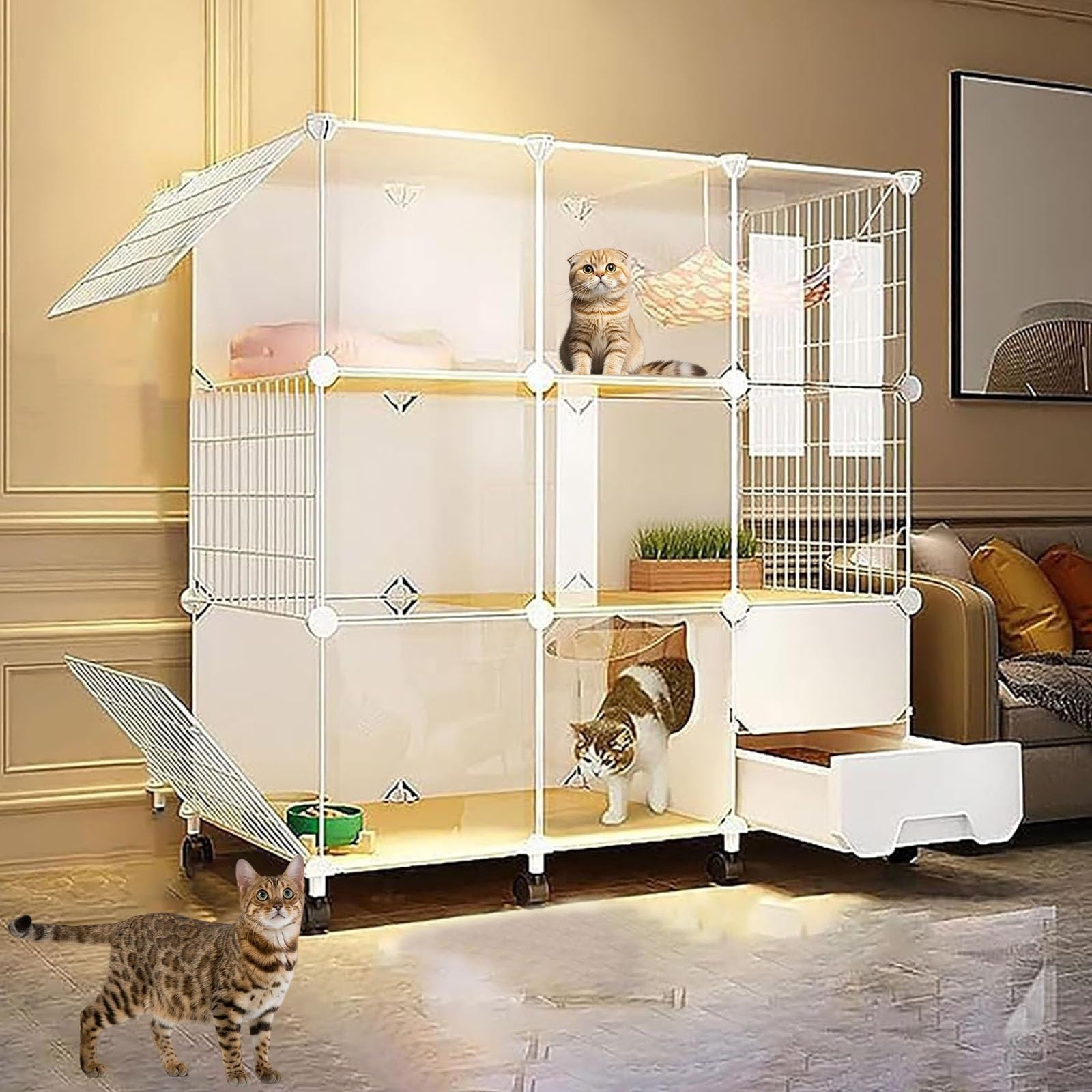 DIY Jaulas para Gatos Grandes, Corral para Gatos con Arenero, con Ruedas, Fácil de Mover. Base de Resina para Proteger Las Patas(107 * 47 * 112cm)