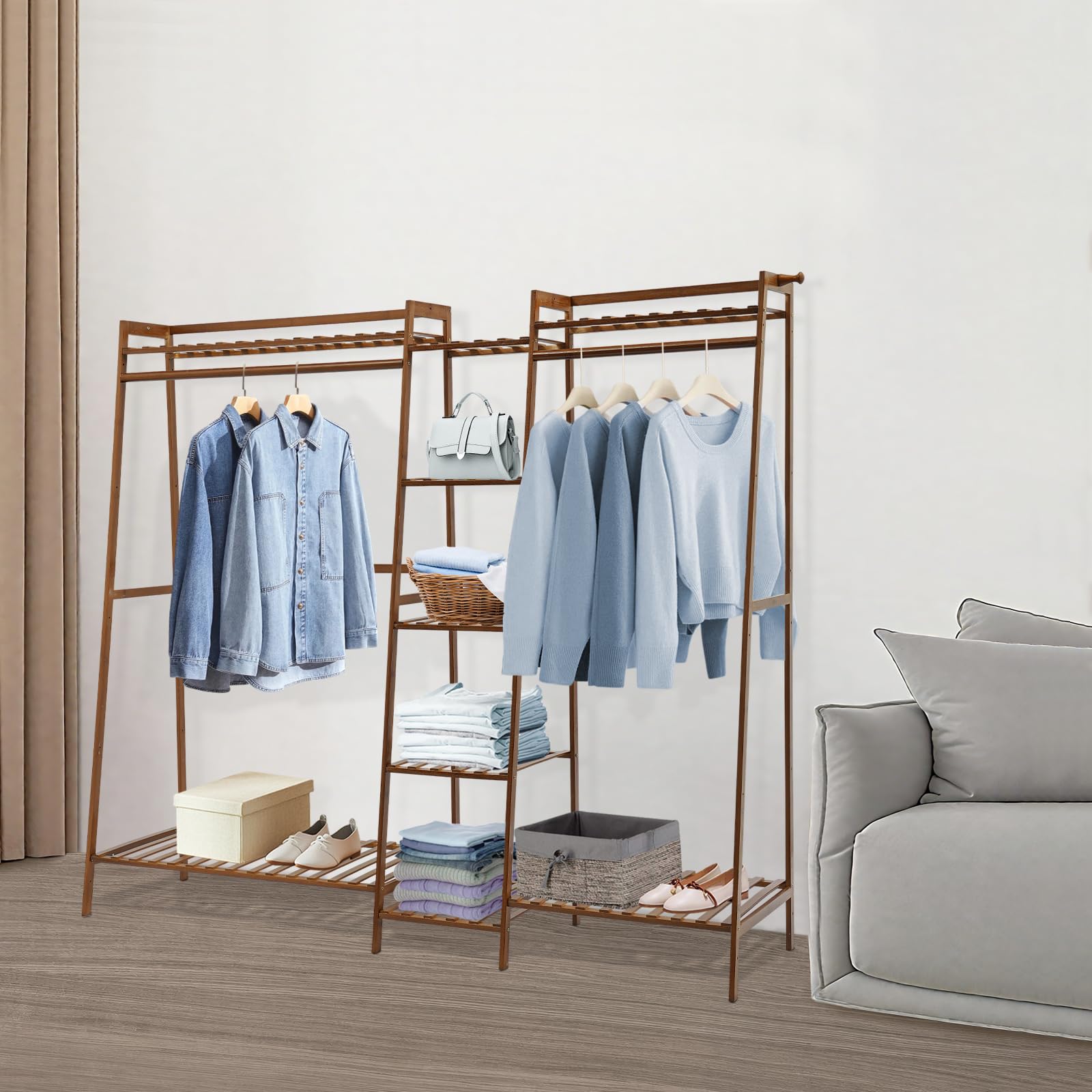 Appendiabiti in legno di bambù, 160 x 40 x 140 cm, con ripiano, multifunzione, per camera da letto, con 9 ripiani, 2 aste appendiabiti