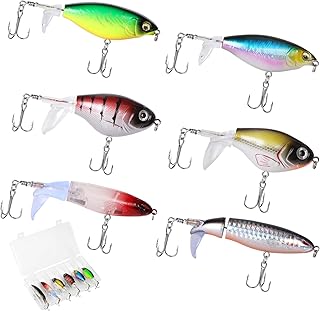 6Pcs Whopper Fishing Lures for Bass, Popper Top Water Fishing Lure with Floating Rotating Tail Barb Treble Hooks in Saltwater Freshwater, 3 Size Plopping Lures Kit with Storage Box