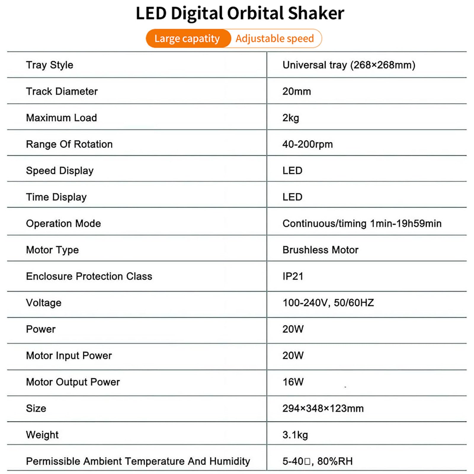 Lab Digital Orbital Shaker Mixer | 268x268mm Plate Size Adjustable Speed 40-200RPM Capacity 2KGS | Timed and Continuous Modes Rotator Shaker for Laboratory