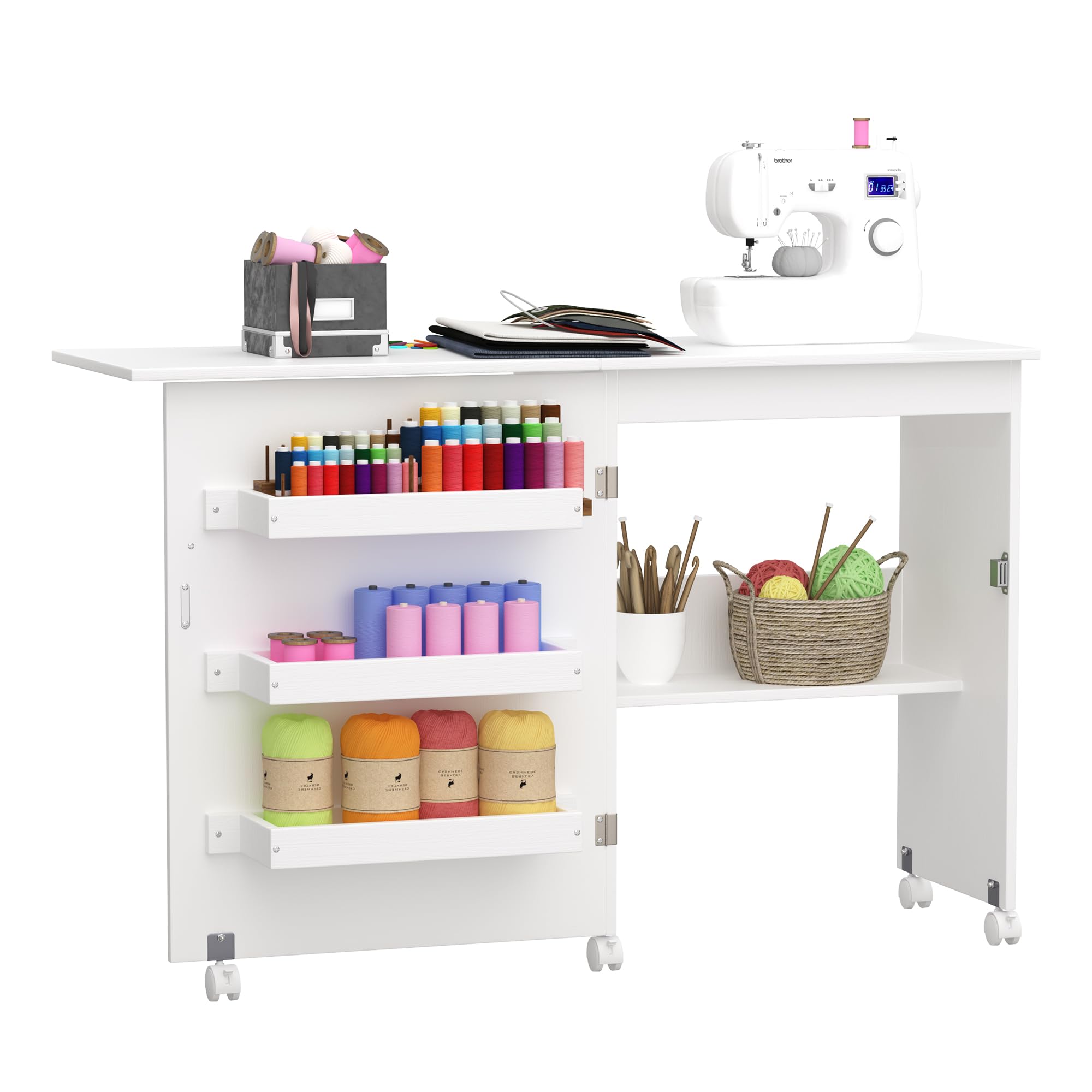 YAGEANNLFolding Sewing Table,2-in-1 Foldable Craft Table with Storage with Lockable Casters Sewing Machine Cabinet Computer Desk Workstation