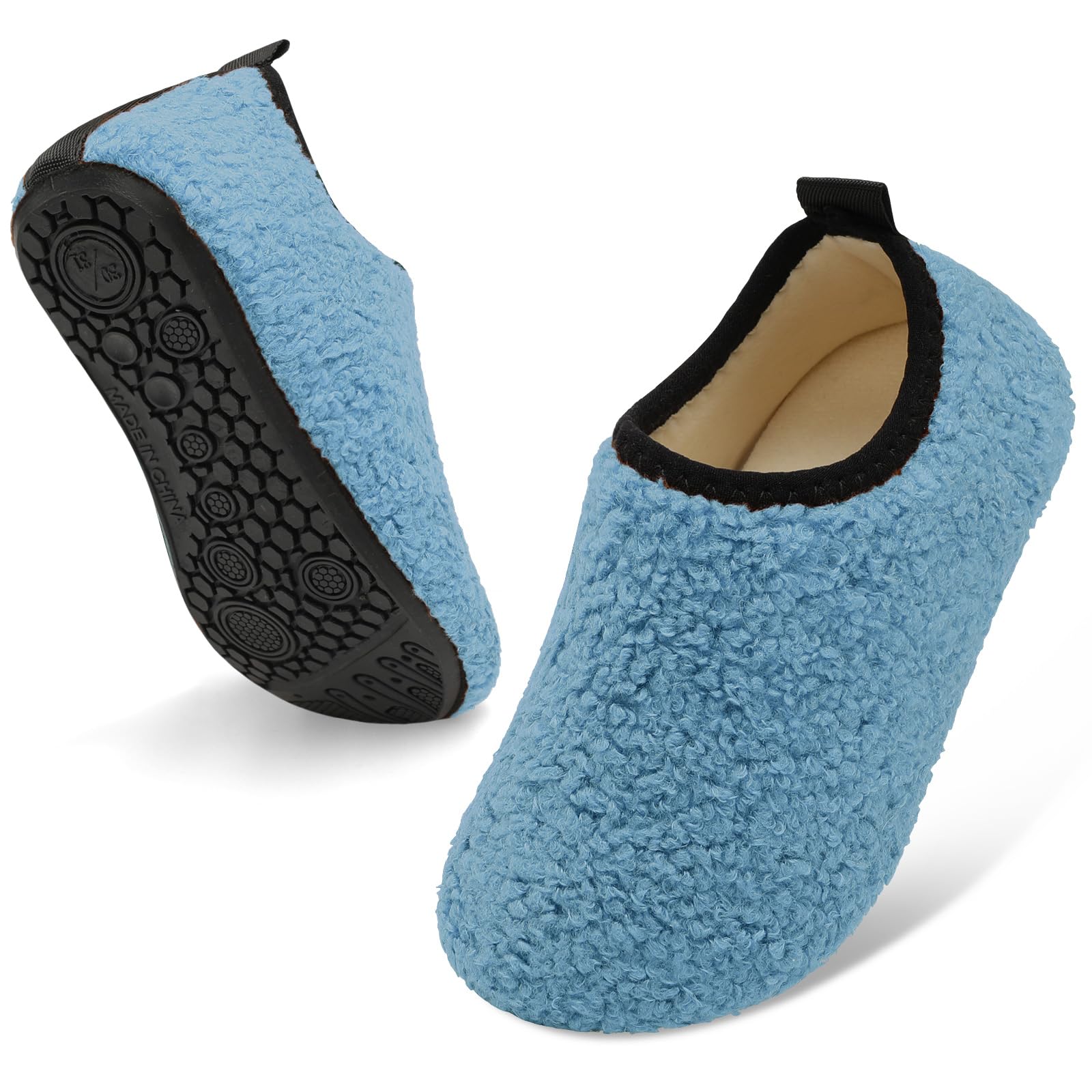 QFH Toddler Slippers Boys Girls Indoor Comfy Slippers Kids Barefoot Walking Shoes with Soft Velvet Lining Winter Warm Sock Shoes