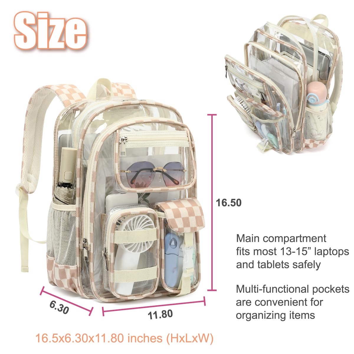Zaino trasparente per ragazzi e ragazze, resistente, in PVC trasparente, per scuola, viaggi, lavoro e uso quotidiano, Khaki a scacchi