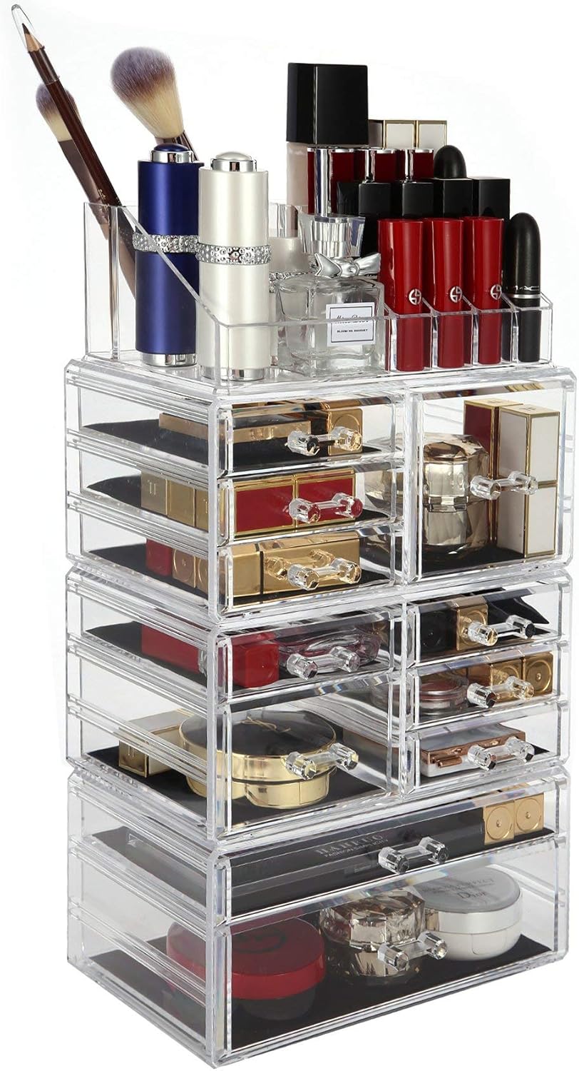 Cosmetic Storage Organizer, Makeup Organizer Case, ROSELIFE [TGCA] 4 Pieces Kit Jewelry Display, 9 Drawers, 16 Slots, Detachable, Free Combination, Beautiful Gifts for Girls and Ladies, Clear : Everything Else