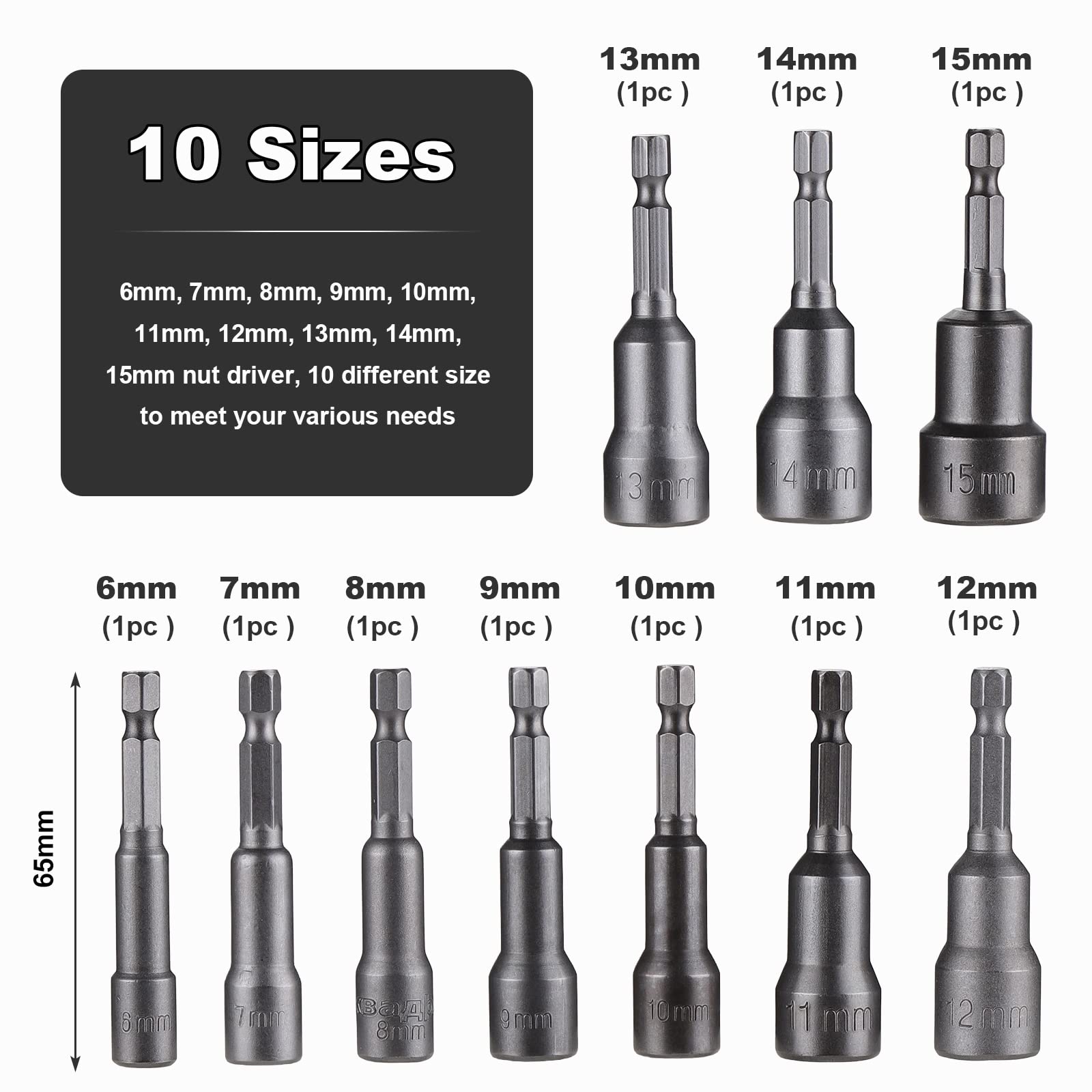 Magnetic Nut Driver Set - 10 Piece Quick-Change Drill Bit Kit 6-15mm