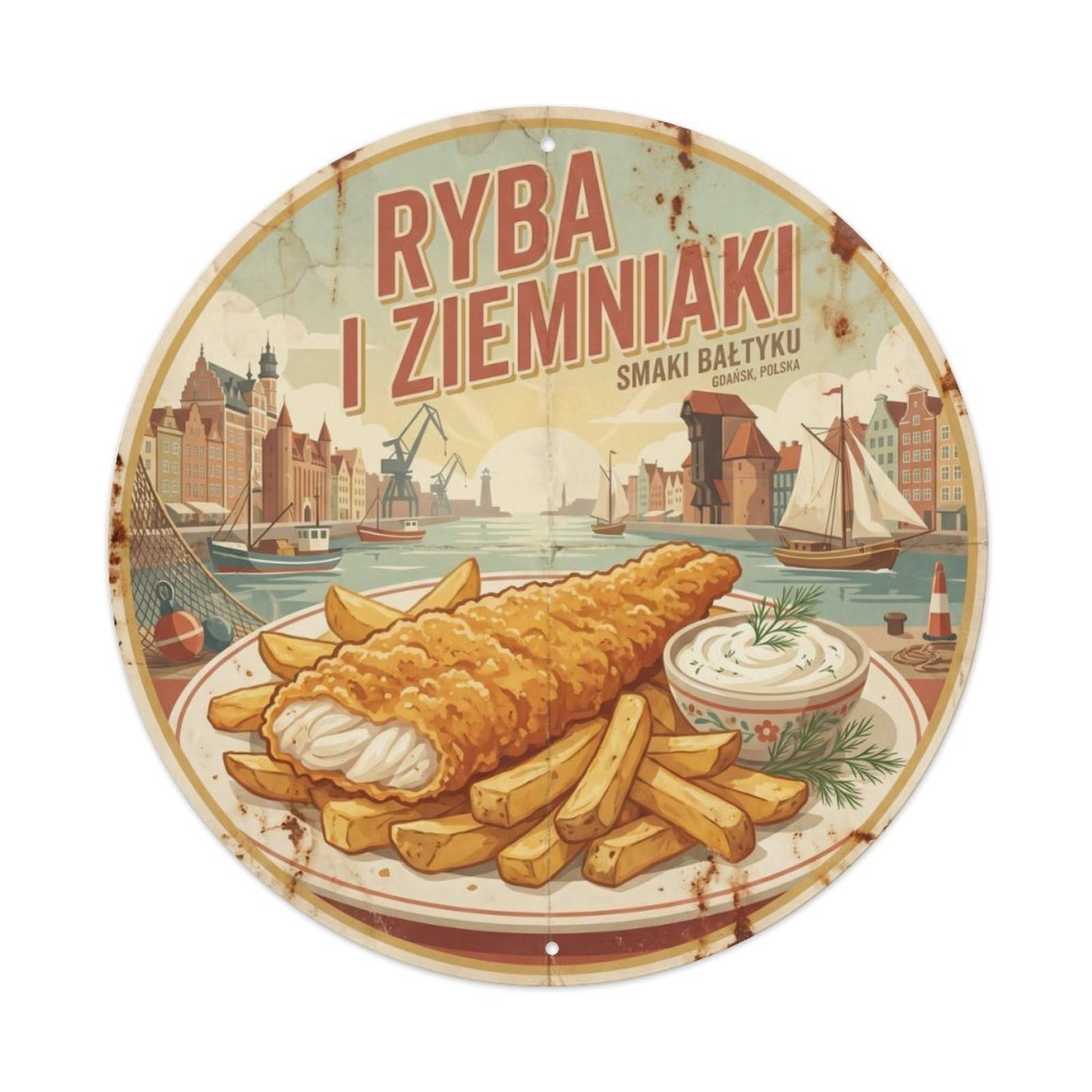 Poland Seaside Fish Chips Travel Culture Metal Tin Sign