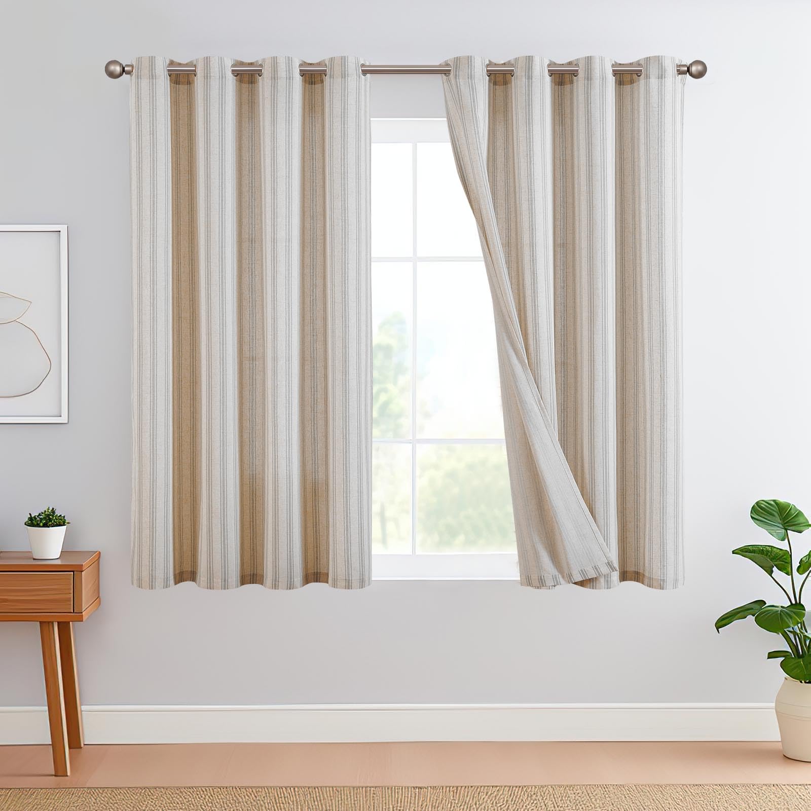TOPICK Cortina con Rayas Diagonales con Ojales Opaca Lino Aspecto de Estilo Moderno Bistro Casa Campo Salón Dormitorio Rústico Gris Juego de 2 Unidades 130 x 175 cm