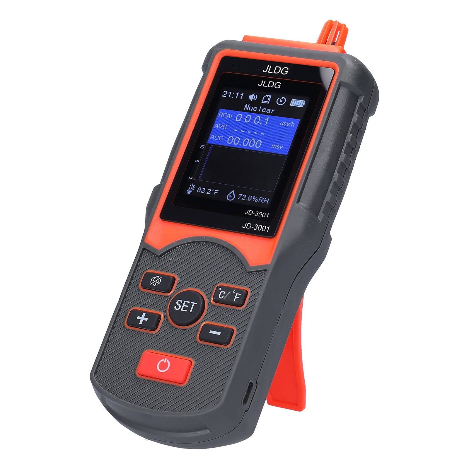 Ausla JD 3001 Contador Geiger Detector de Radiación Electromagnética Portátil con Carcasa de ABS Exportación de Datos Temperatura Humedad Monitoreo 5F a 230F para Uso en el Laboratorio Doméstico