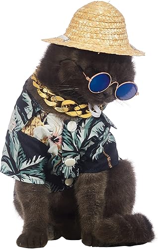Miniatura 4 de Camisetas hawaianas para perro, ropa de verano para mascotas, gafas de sol de gato, sombrero de paja, disfraces de gatito con collar de cadena