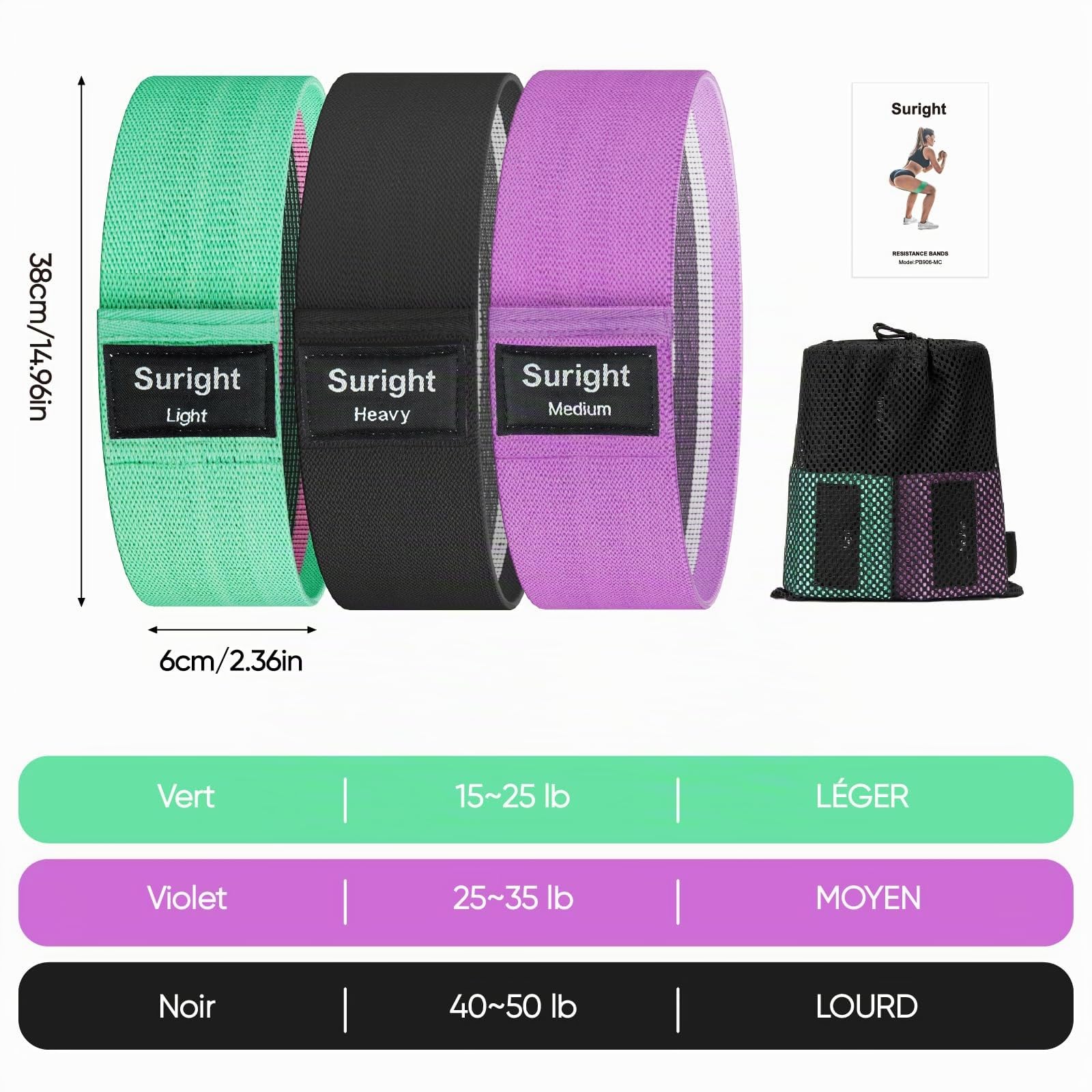 Suright Bande Elastique Musculation en Tissu, Bande Elastique Fitness 3 Niveaux de Force, Elastique Sport pour Le Yoga/Pilates/Fitness/Squats/Pont fessiers