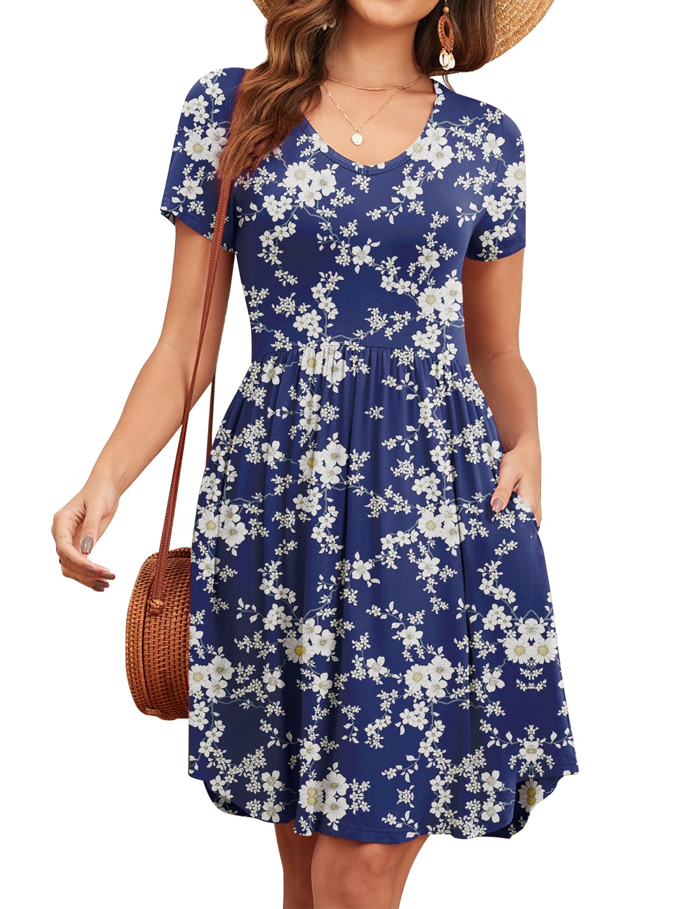 Women's 2026 Summer Short Sleeve Dresses Casual Loose Fit Swing T Shirt Dress V Neck Sundress with Pockets