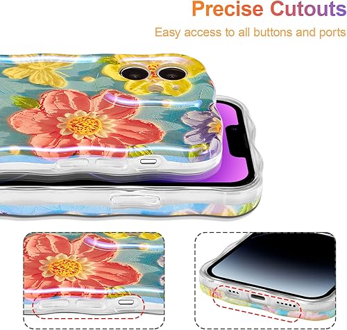 Miniatura 45 de EYZUTAK - Funda protectora de TPU para iPhone 15, estilo retro colorido, diseño láser brillante de pintura al óleo, estampado floral, borde