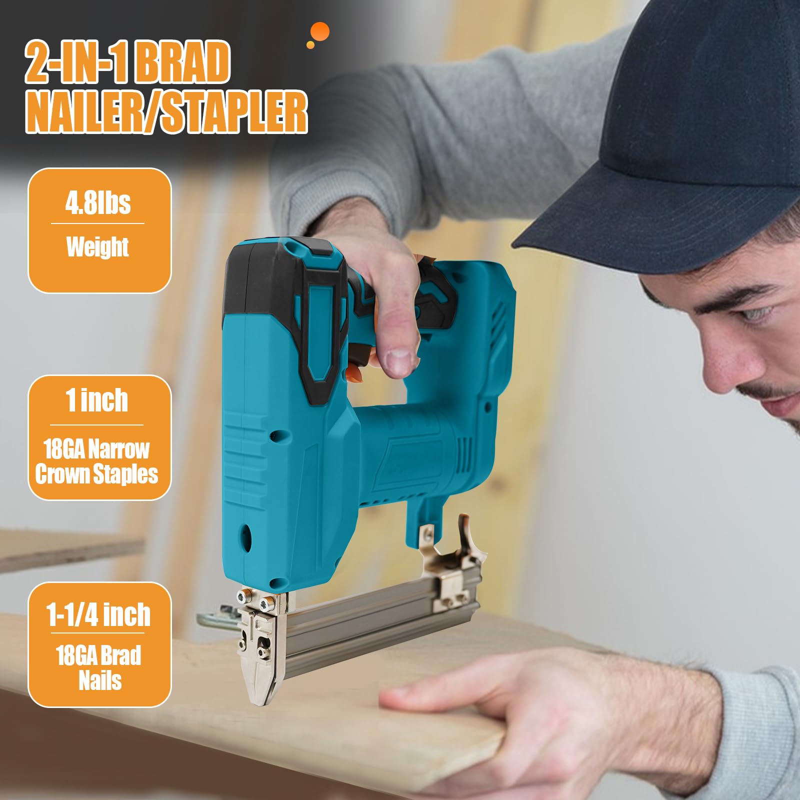 Cloueuse sans fil pour batterie Makita 18 V, cloueuse/agrafeuse électrique 2 en 1, 1000 clous droits et 500 clous en U inclus pour l'amélioration de la maison et le travail du bois (sans batterie)
