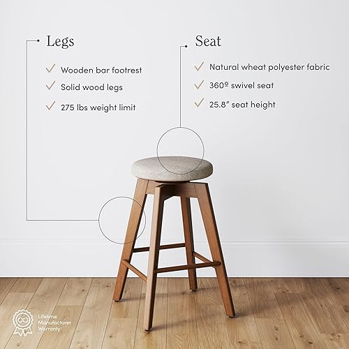 Miniatura 4 de Nathan James Amalia Taburete de bar de altura de encimera de cocina sin espalda, madera maciza con asiento giratorio de 360 grados, café