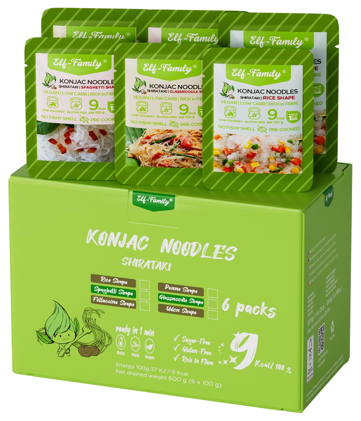 Elf-Family 3+3 Mixto Premium Shirataki Noodles Slim 9kcal Bajo en Carbohidratos, Konjac, Keto, Vegano, Sin Gluten, Sin Azúcar - Spaghetti/Fideos de Cristal/Arroz