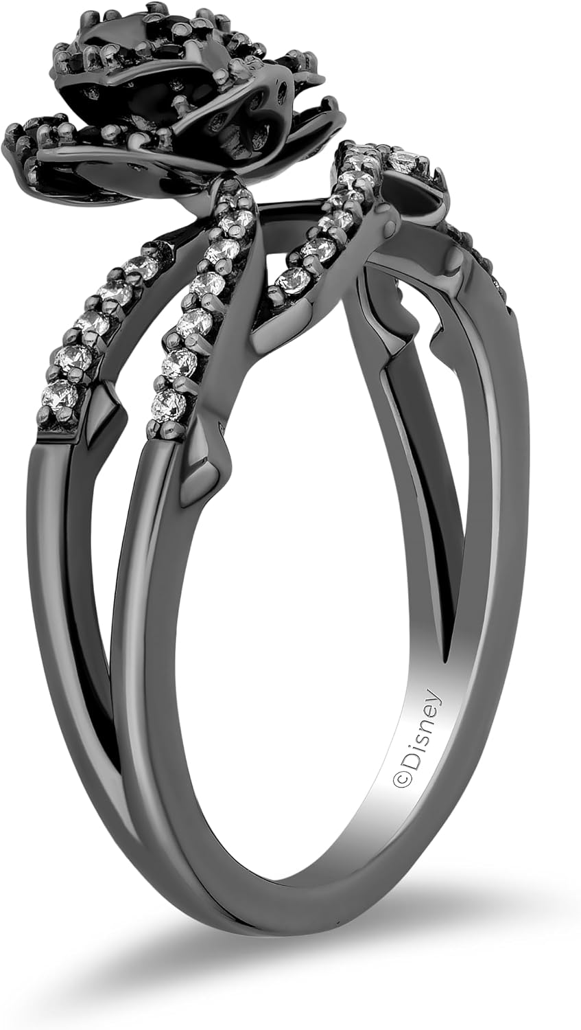 Jewelili Enchanted Disney Fine Jewelry Black Rhodium over Sterling Silver with 3/8 CTTW Diamonds Maleficent Ring