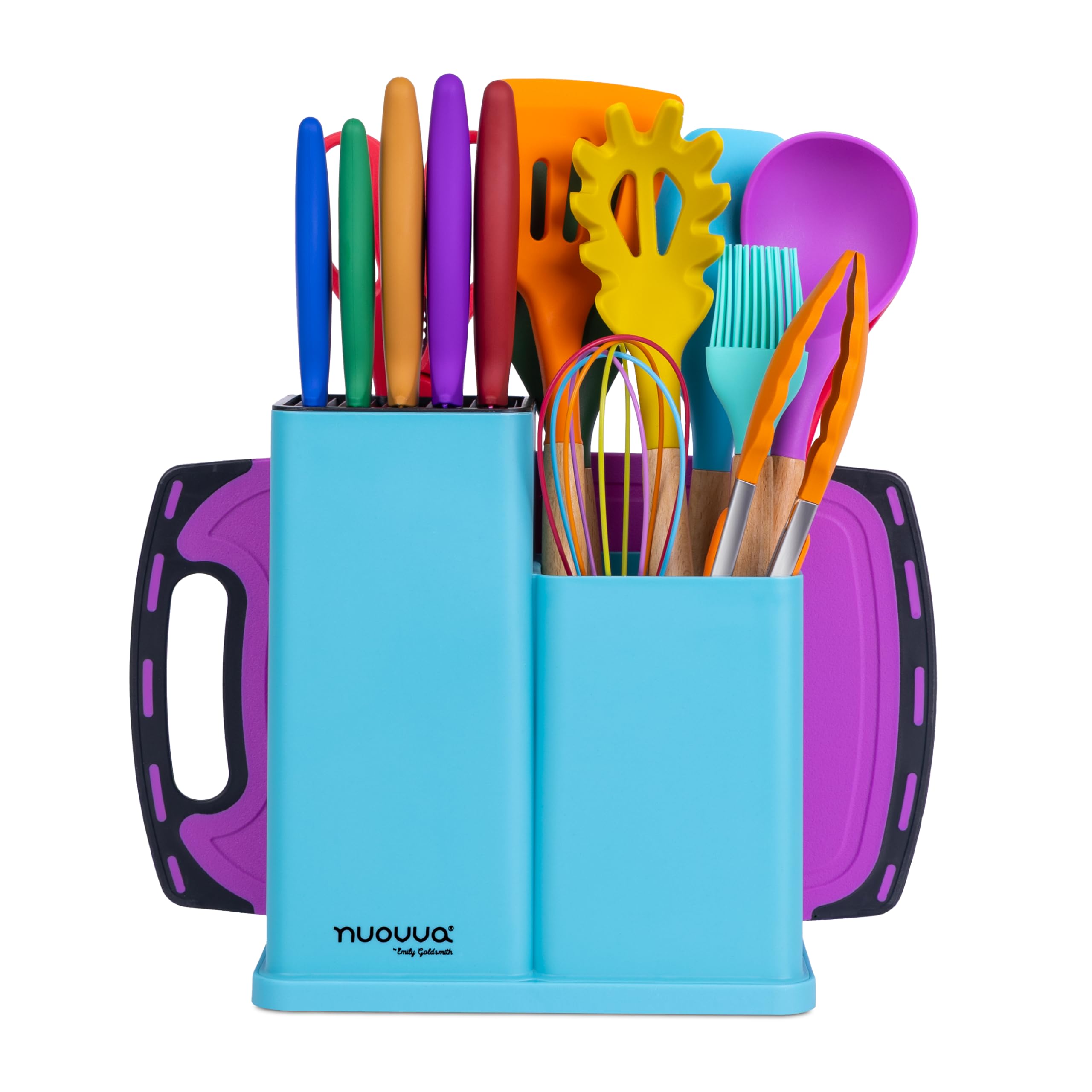 Cooking Utensils Set with Chopping Board – Knife Set with Block – Heat Resistant Silicone Utensils with Wooden Handle, Spoons, Ladles & Spatula – Kitchen Tools & Accessories, 17pcs, Colour – by Nuovva
