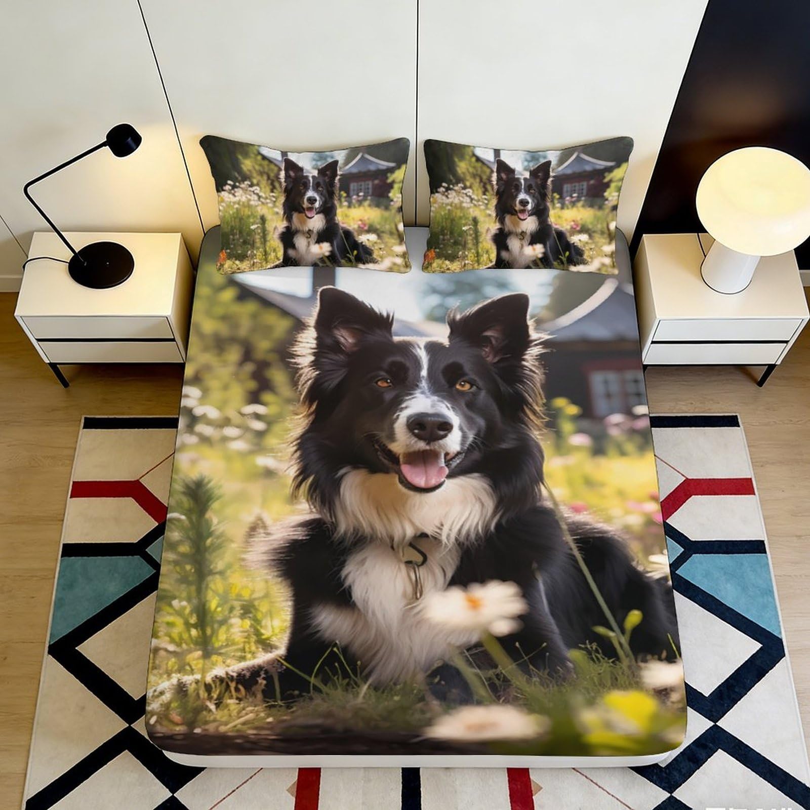 3D Printed Border Collie Fitted Sheet Microfiber Soft Breathable Dog Pattern Bed Cover for Bedroom Dormitory Guest Room Mattress Protection Decor 120x200x25cm