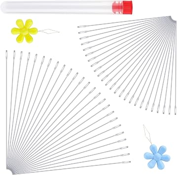 LUNARM 50 Pcs Beading Needles, 2 Sizes Seed Beads Extra Fine Thin Big Eye Beading Needles, Long Straight Needles Hand Sewing Needles with 2Pcs Threaders