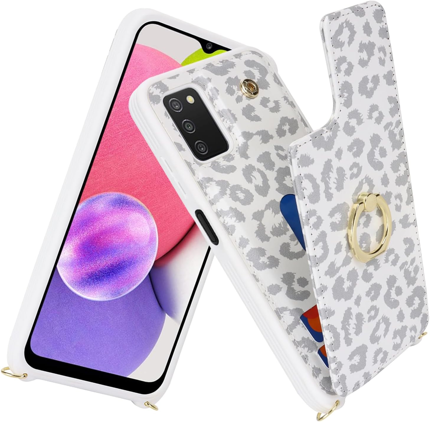 Lipvina for Samsung Galaxy A03s Case with Card Holder and Strap for Women,Crossbody Lanyard,RFID Blocking,Ring Stand,Snap Clasp,Cute Phone Wallet Cases 6.5 inch(White Leopard)