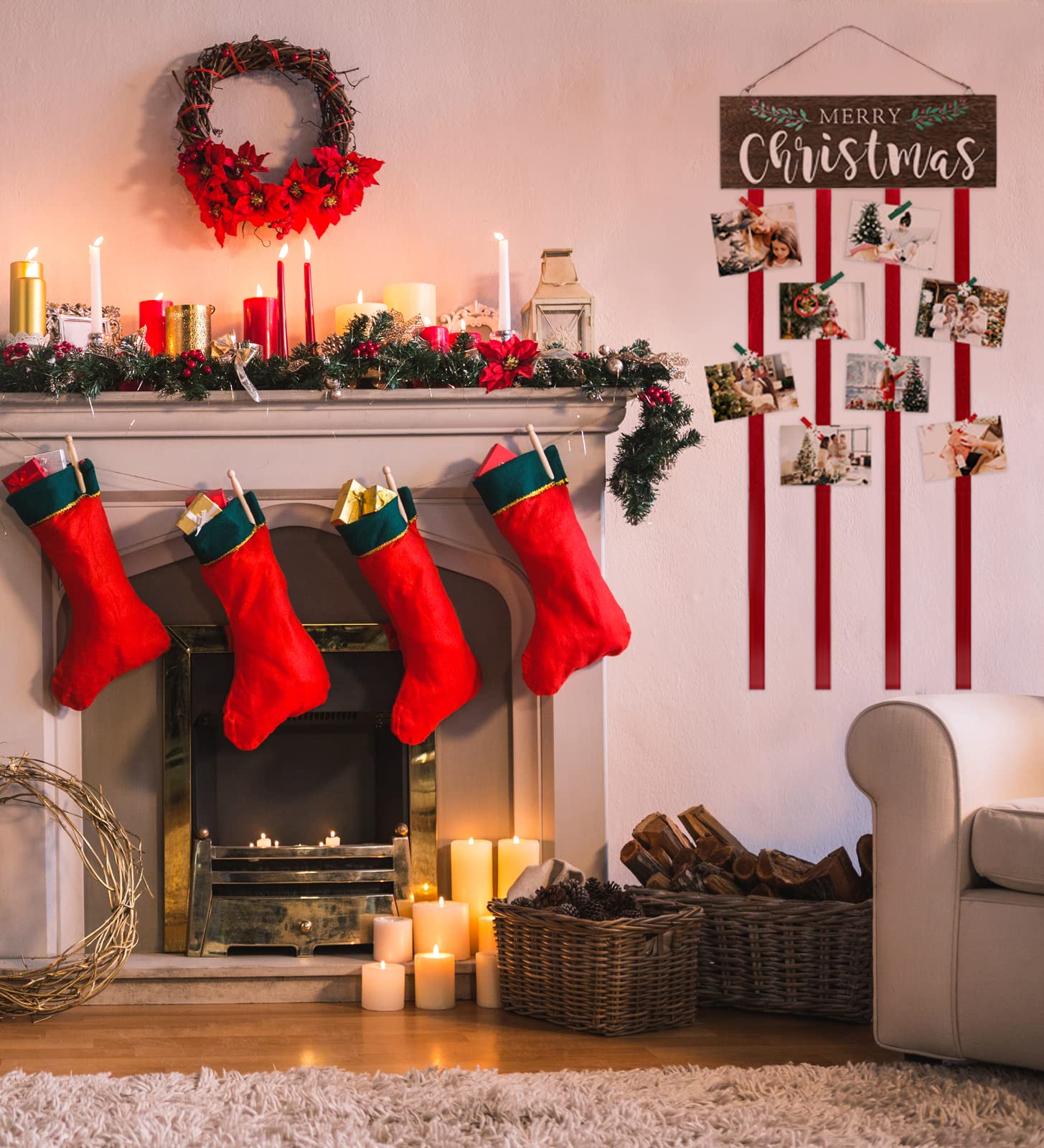 Christmas Card Holder Wall Display - Merry Wooden Decor With 24 Photo Clips for Hanging Pictures - Xmas Decor for Wall, Door, Window, Home