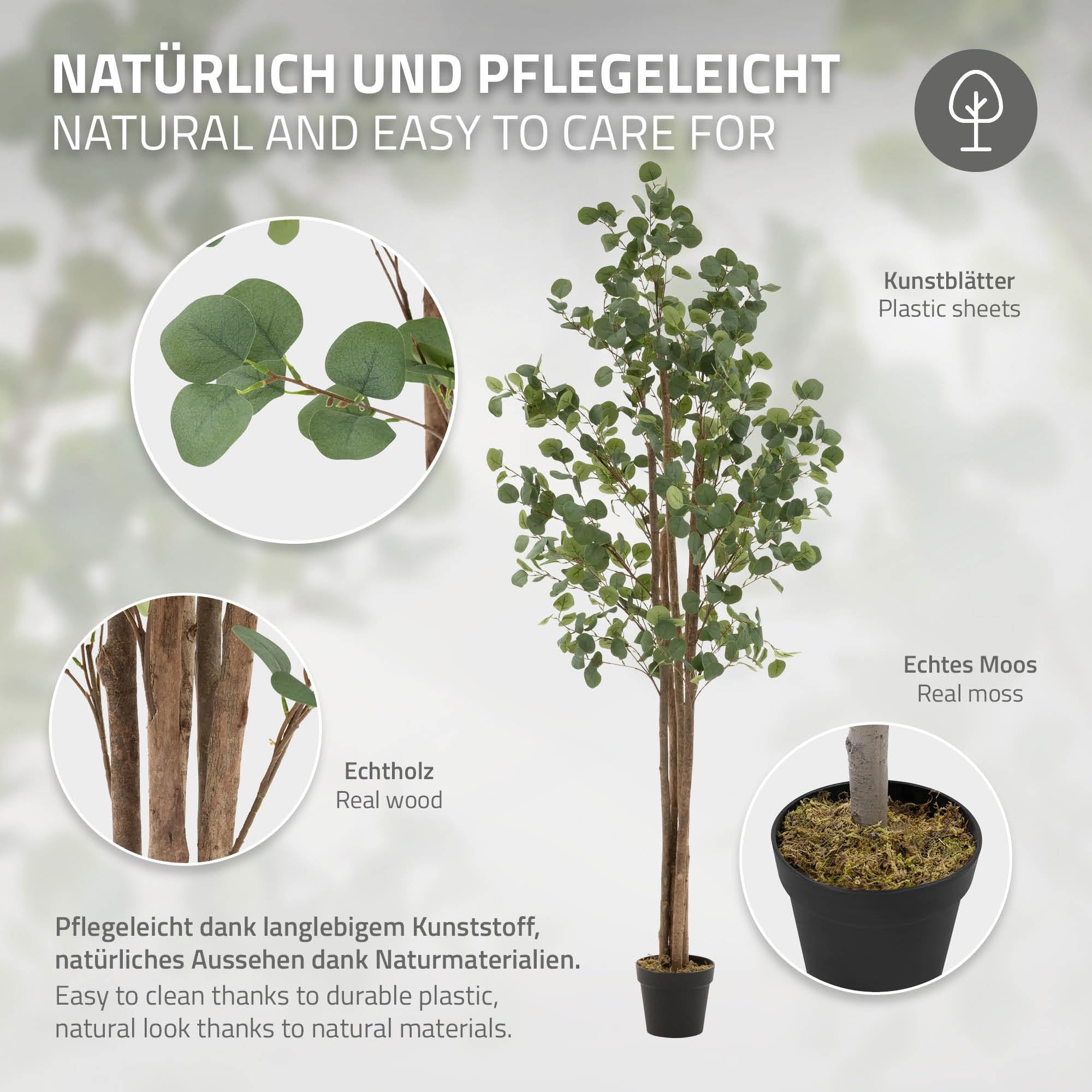 ML-Design sztuczny eukaliptus 210 cm duze rosliny ozdobne z naturalnym drewnianym pniem plastikowe rosliny w doniczce idealna dekoracja do wnetrz i ogrodów realistyczne drzewo do salonu i biura