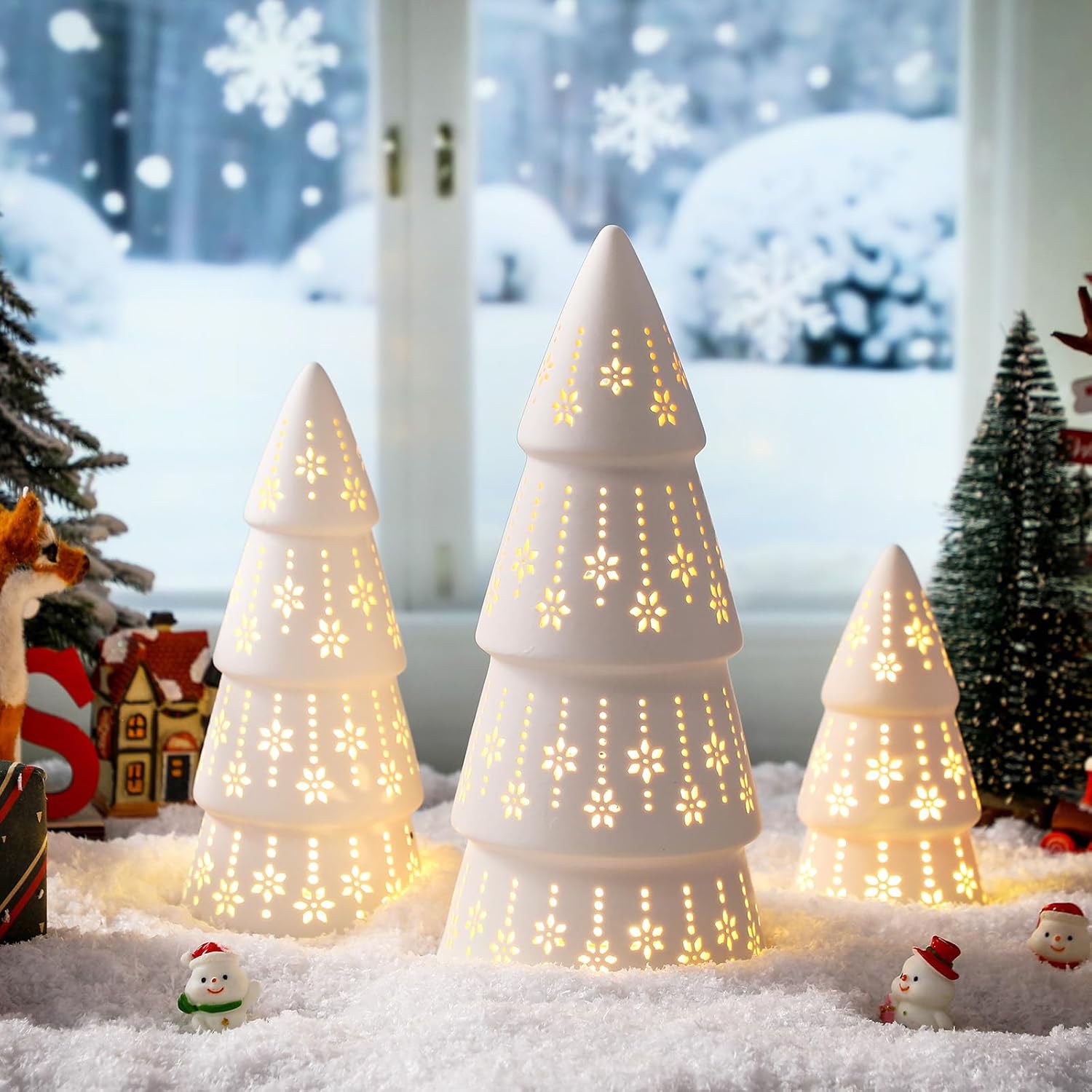 3 Pcs White Ceramic Christmas Trees with Lights, Table Top Christmas Decoration with Dots Cutouts Battery Operated Xmas Trees Set, White Tabletop Centerpiece for Home Indoor Xmas Gift Party(Classic)