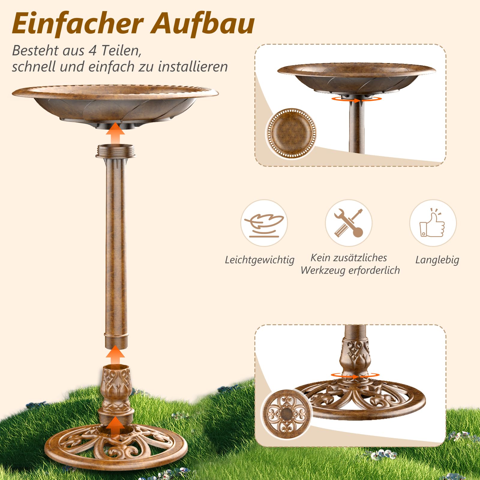 AISITIN Vogeltränke mit 3,5W Solar Springbrunnen, Futterplatz,Garten,Balkon Dekoration, Vogelbecken Vogel Futterstelle Tränke Bad für Balkon Terrasse Gartendeko Vogelbecken Bronzen Kunststoff Bronze