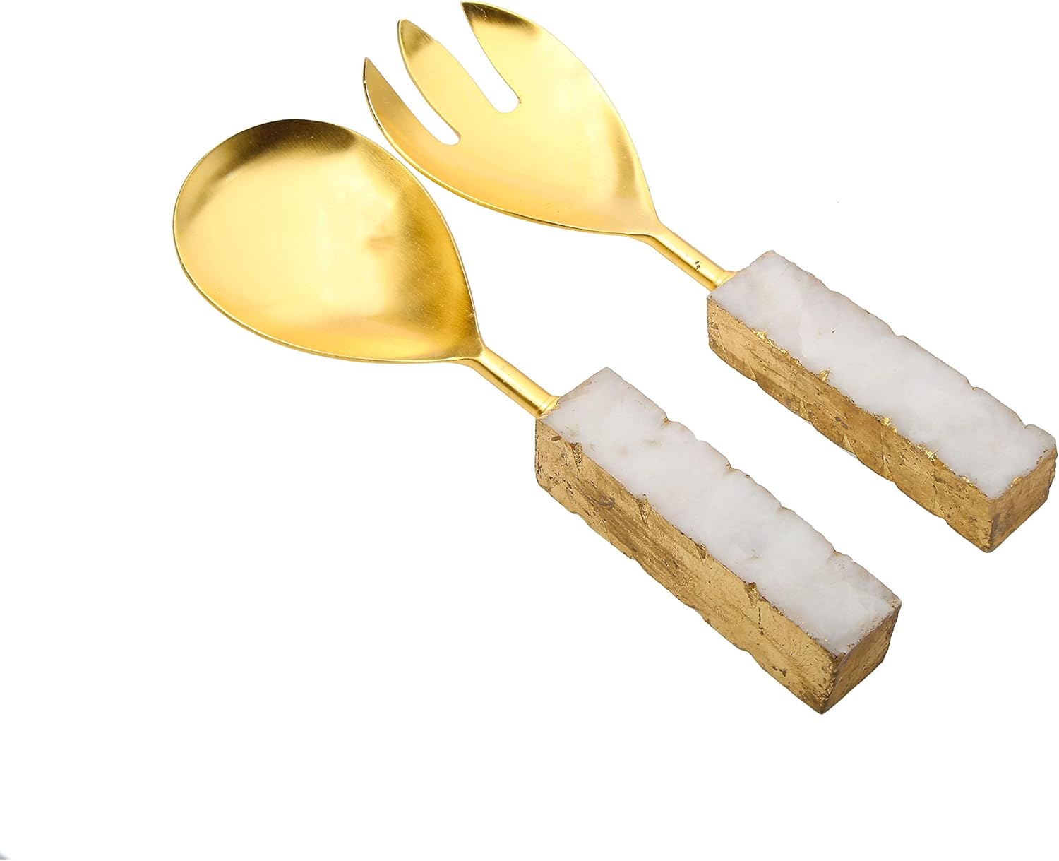 Set of 2 Gold Salad Servers with Square White Marble Handles