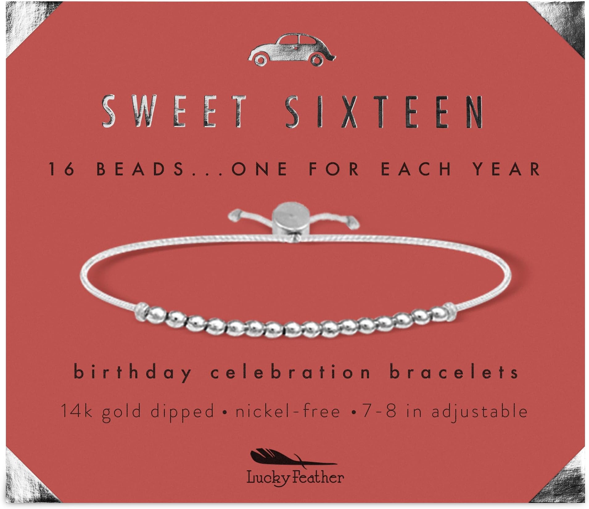 Lucky FeatherSweet 16 Gifts for Girls; 16th Birthday Bracelet Gift Idea for 16 Year Old Girls Available in 14K Gold, Rose Gold, or Silver Dipped Beads on Adjustable Cord | birthday gifts for girls