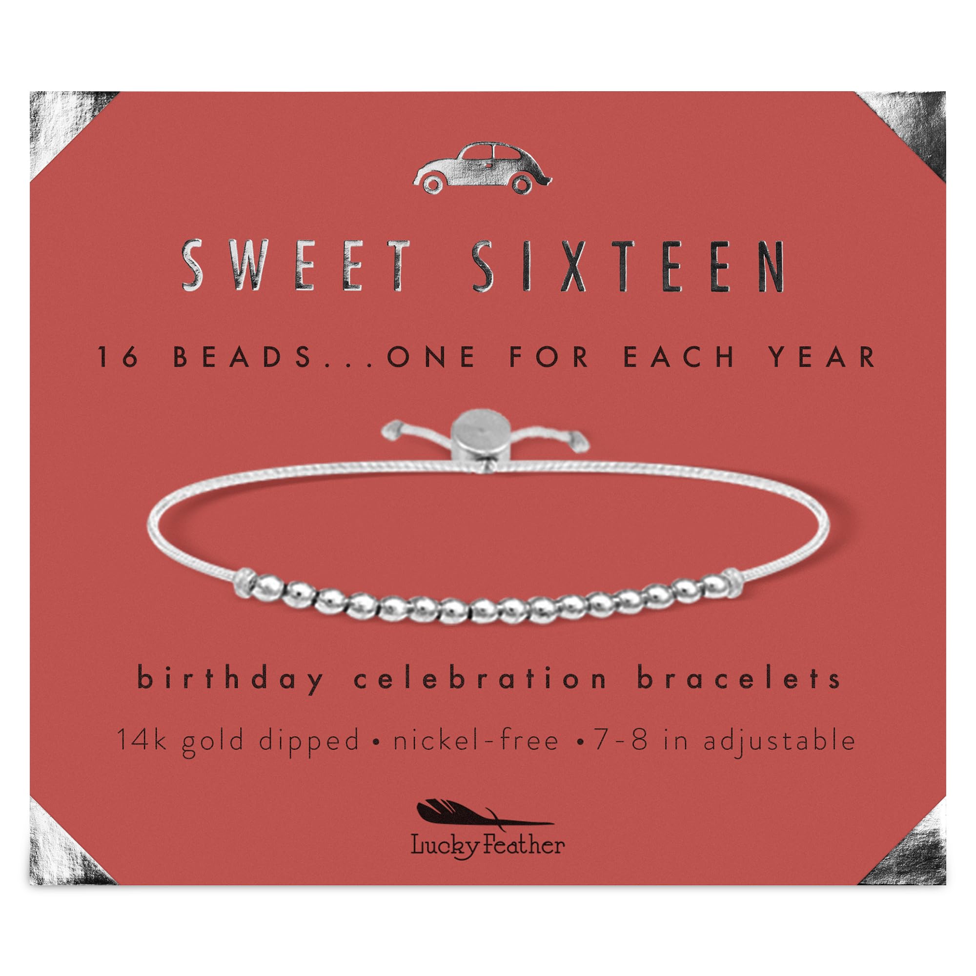 Lucky FeatherSweet 16 Gifts for Girls; 16th Birthday Bracelet Gift Idea for 16 Year Old Girls Available in 14K Gold, Rose Gold, or Silver Dipped Beads on Adjustable Cord | birthday gifts for girls