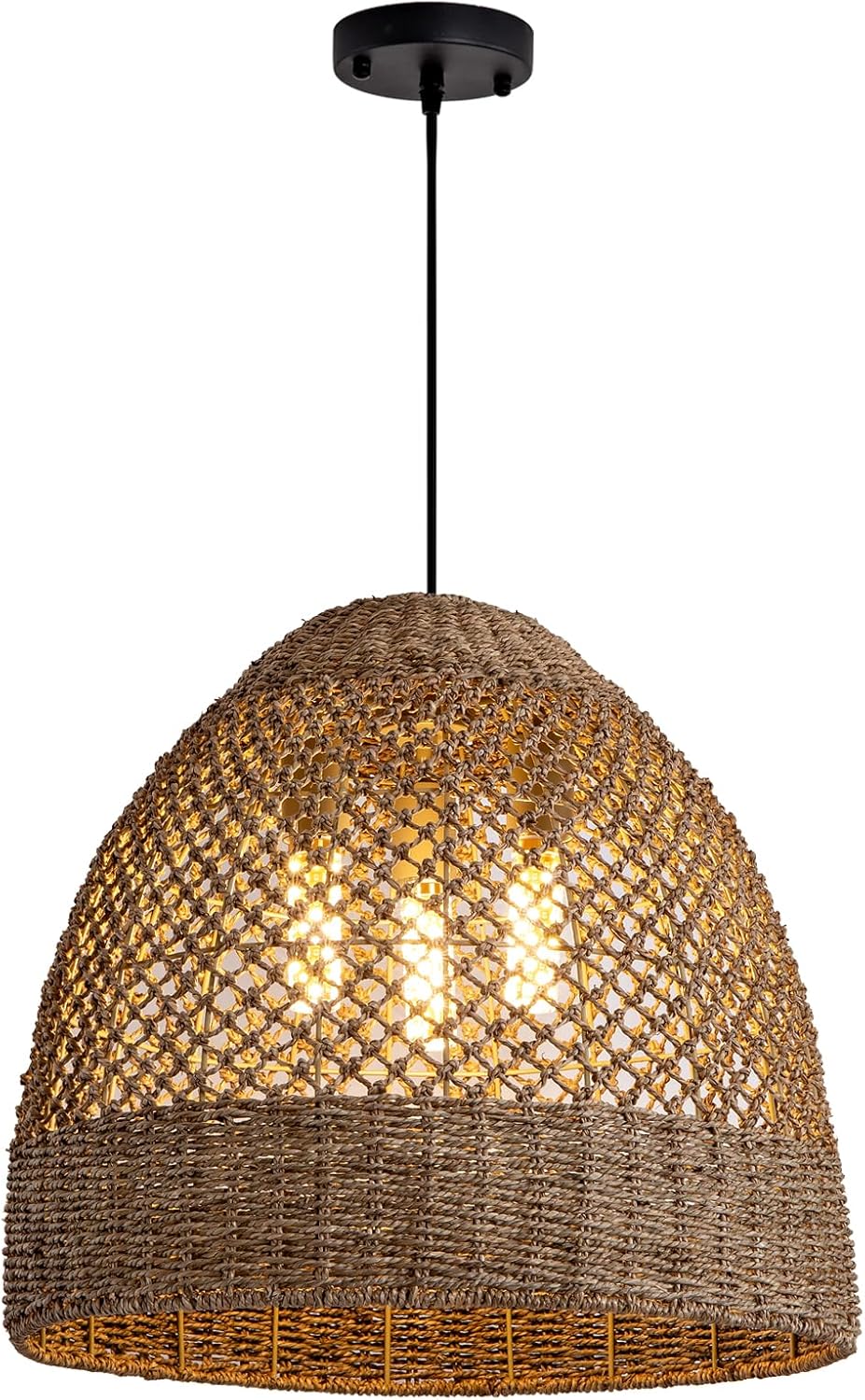 18.9" Farmhouse Rattan Pendant Light Fixture 3-Lights Costoal Chandelier Boho Hand Woven Wicker Hanging Light Fixture for Kitchen Island Living Room Bedroom Dining Room Foyer Restaurant Coffee