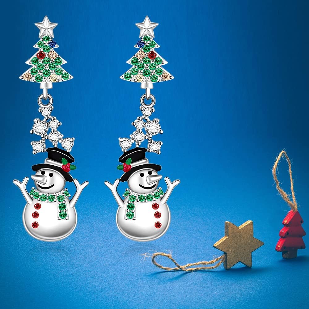 Christmas Tree Snowman Earrings for Women Sterling Silver Tree with Star Holiday Dangle Drop Earrings Colorful CZ Xmas Gifts - Image 6
