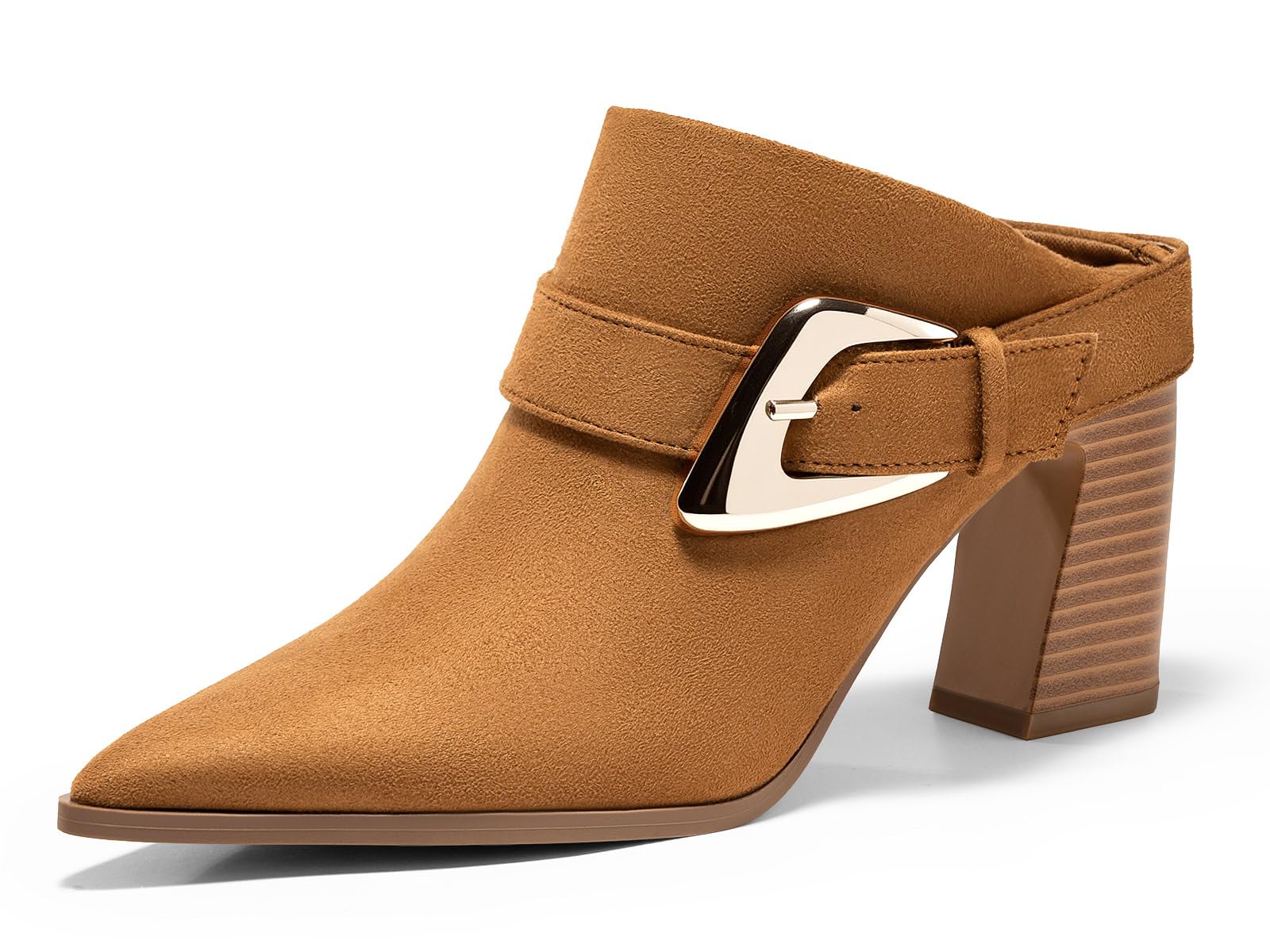 Coutgo Womens Mules Boots Chunky Stacked Heel Pointed Toe Booties Slip On Dress Boot Shoes with Buckle Decoration