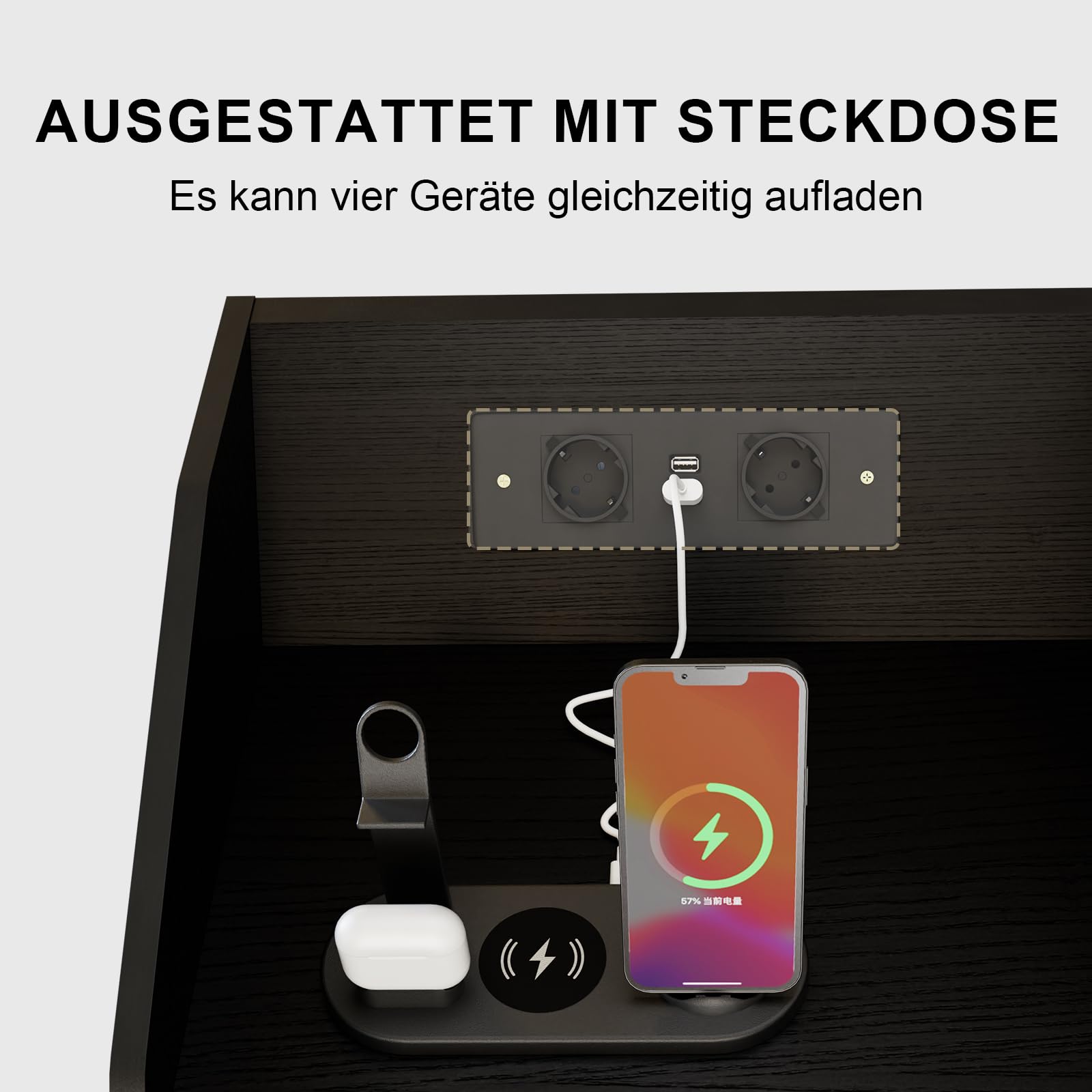 DATO Nachttisch mit LED-Beleuchtung und Ladestation(2 AC-Steckdosen, 2 USB-Anschlüsse) Nachtschrank mit Schubladen moderner Beistelltisch Sofatisch für Wohnzimmer Schlafzimmer (NS20)
