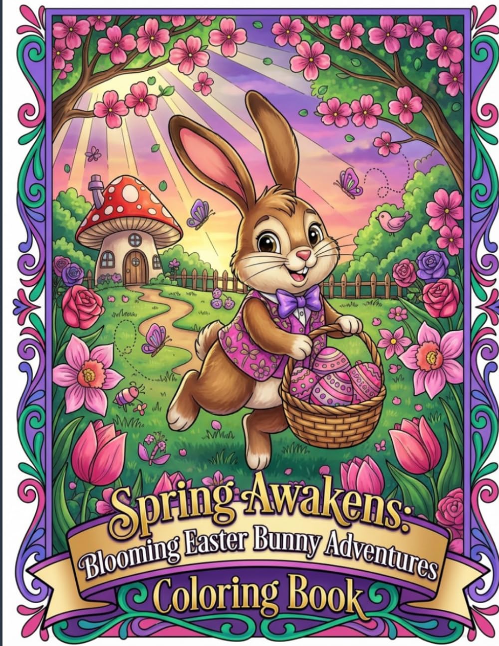 Spring Awakens: Blooming Easter Bunny Adventures Coloring Book: 50 Cute Spring Scenes with Easter Bunnies, Flowers, Eggs & Fun Adventures for Kids Ages 4–8