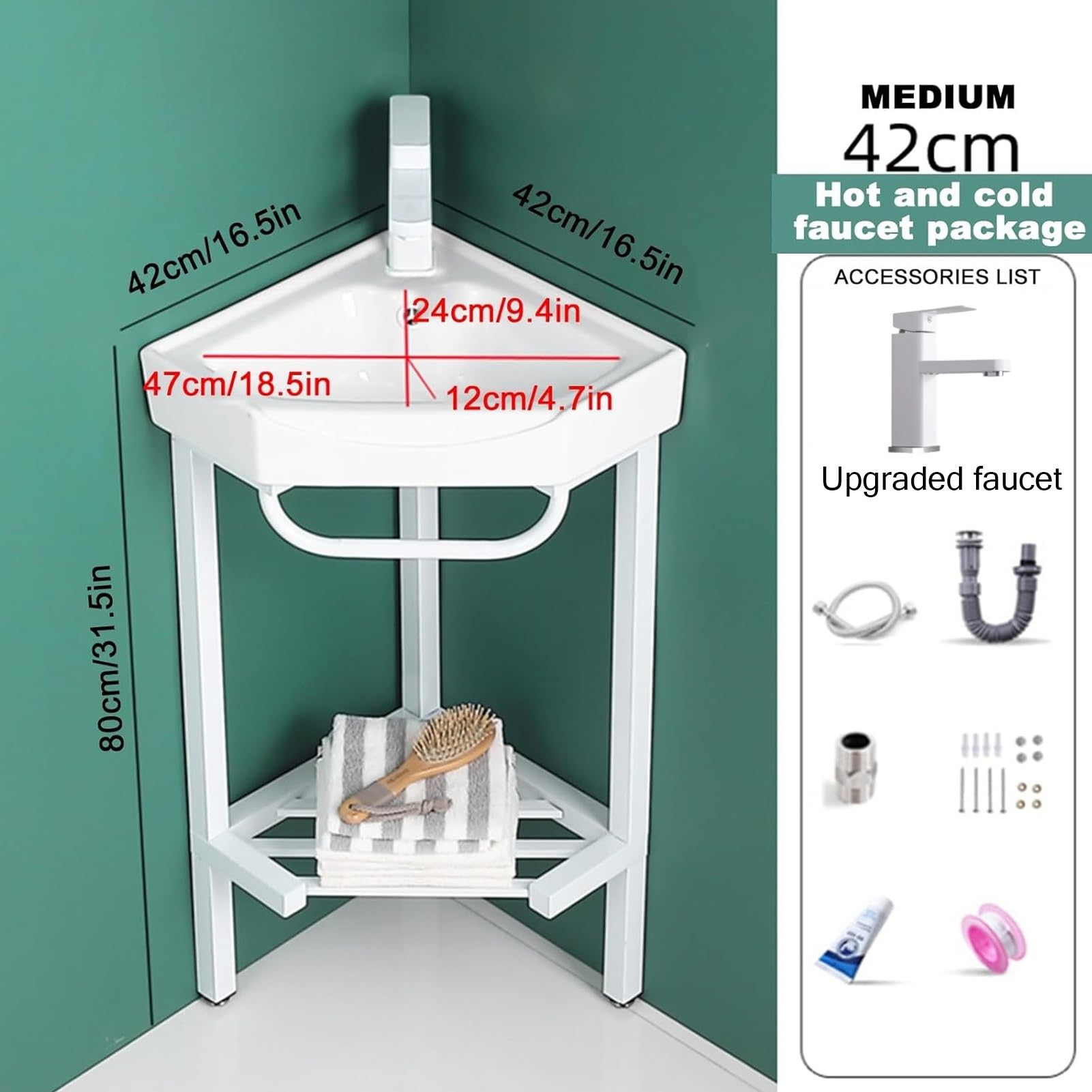 Fregadero esquinero de baño, soporte de acero inoxidable, fregadero de esquina de cerámica, lavabo de baño, lavabo de esquina para baño, lavabo de esquina pequeño, 16.5 x 42 cm