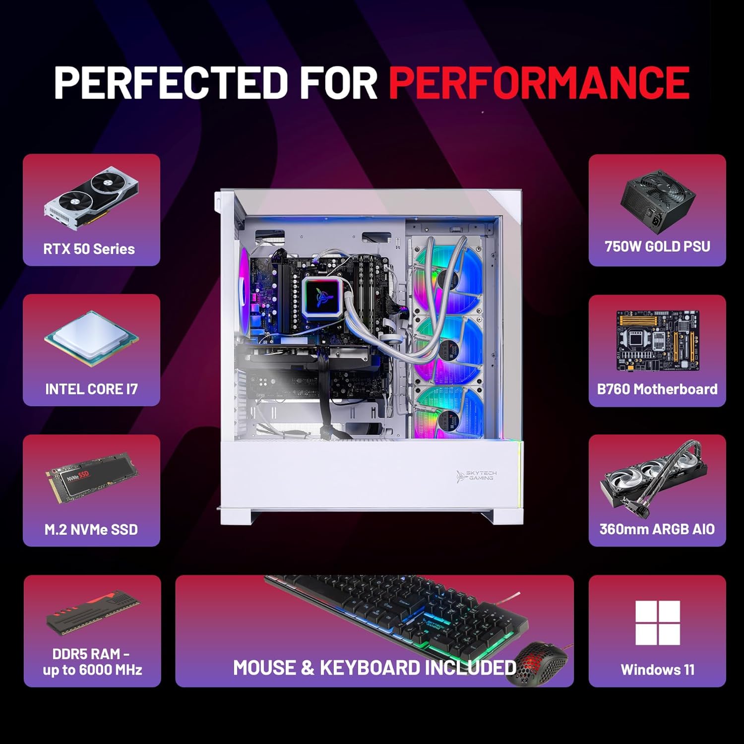 Skytech Gaming Archangel 5 Gaming PC, Intel i7 14700F 2.1GHz, NVIDIA RTX 5070 12GB, 1TB Gen4 NVMe SSD, 32GB DDR5 RAM 6000, 750W Gold PSU, 360 ARGB AIO, Wi-Fi, Win 11, Desktop