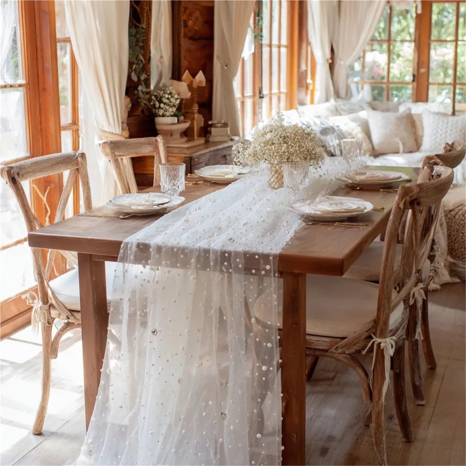 118 inch White Pearl Tulle Table Runner Suitable For Bridal Parties Dessert Decorations Valentine's Day