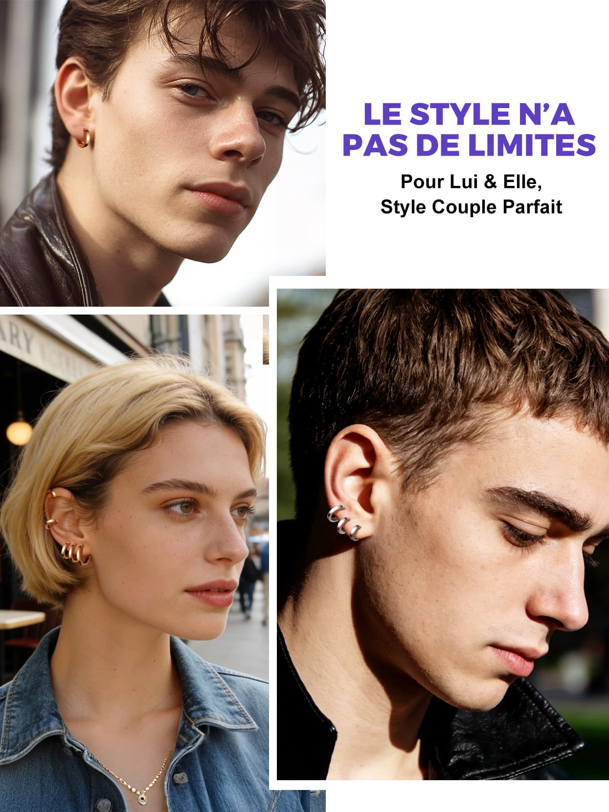 Richsteel 3/5 Paires Boucles d'oreilles en Acier Inoxydable pour Homme Femme - Set de Créoles d'Oreilles Cadeau Saint-Valentin - Bijoux pour Couples