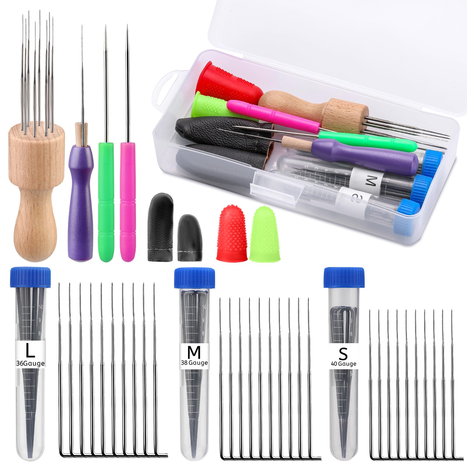 Nadelfilz-Set, Filznadeln zum Trockenfilzen, 3 Größen Filznadeln, Filzen Starterset mit Holzgriff, Ahlen, Nadelfilz, Anleitung und anderen Werkzeugen für Anfänger oder Profis