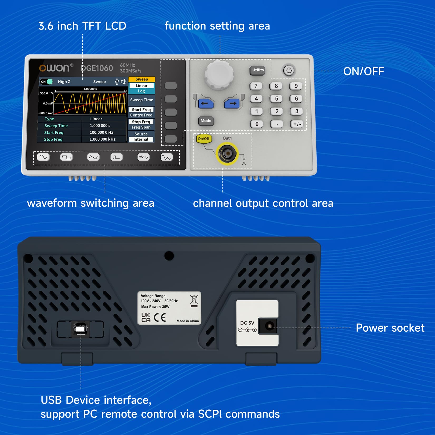 OWON DGE1060 Générateur de fonctions 60 MHz, 300 MSa/s, 14 bits