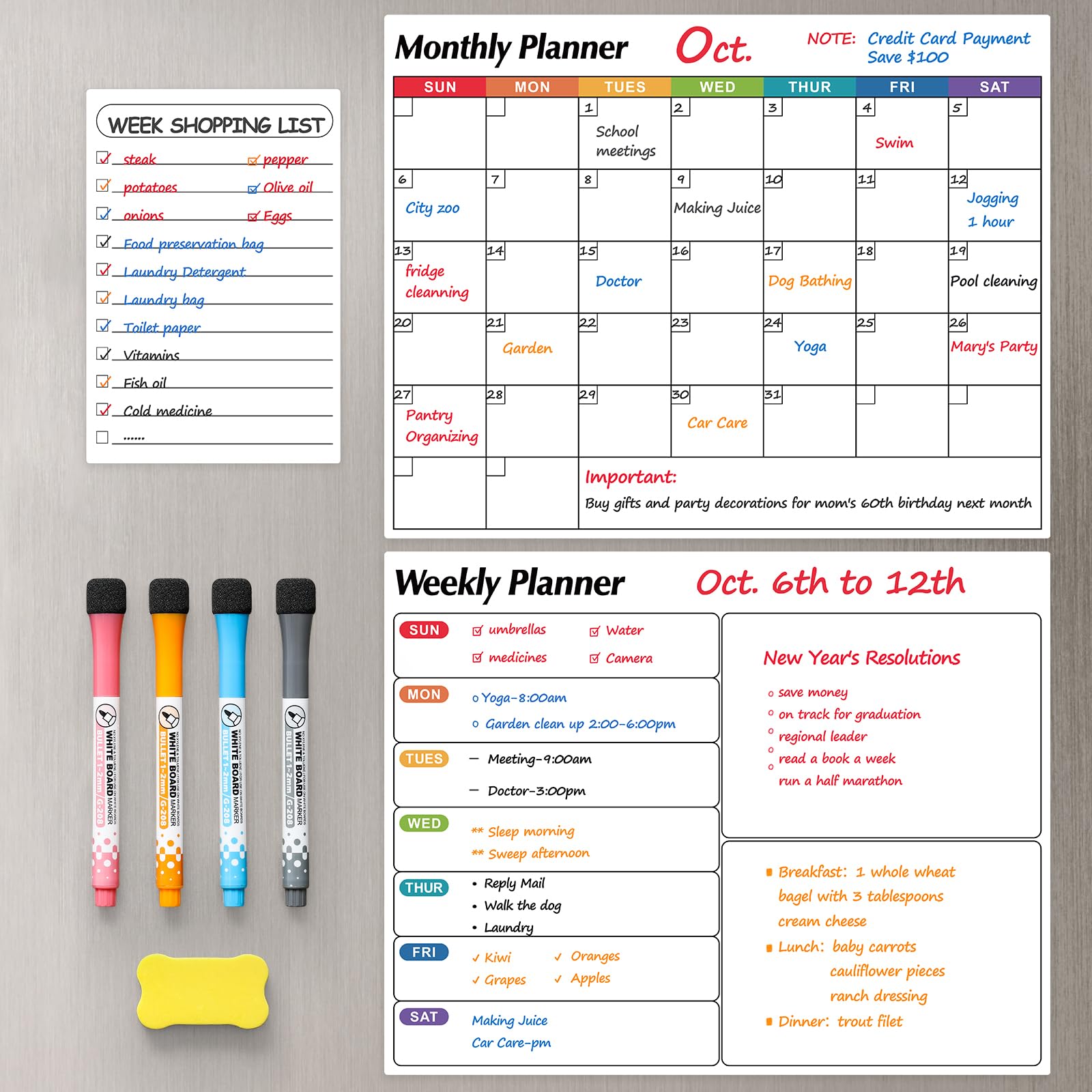 Calendario magnético de borrado en seco para refrigerador, paquete de 3, planificador mensual, semanal y diario, pizarra blanca magnética para puerta de pared de nevera, compras, comida/menú, lista de