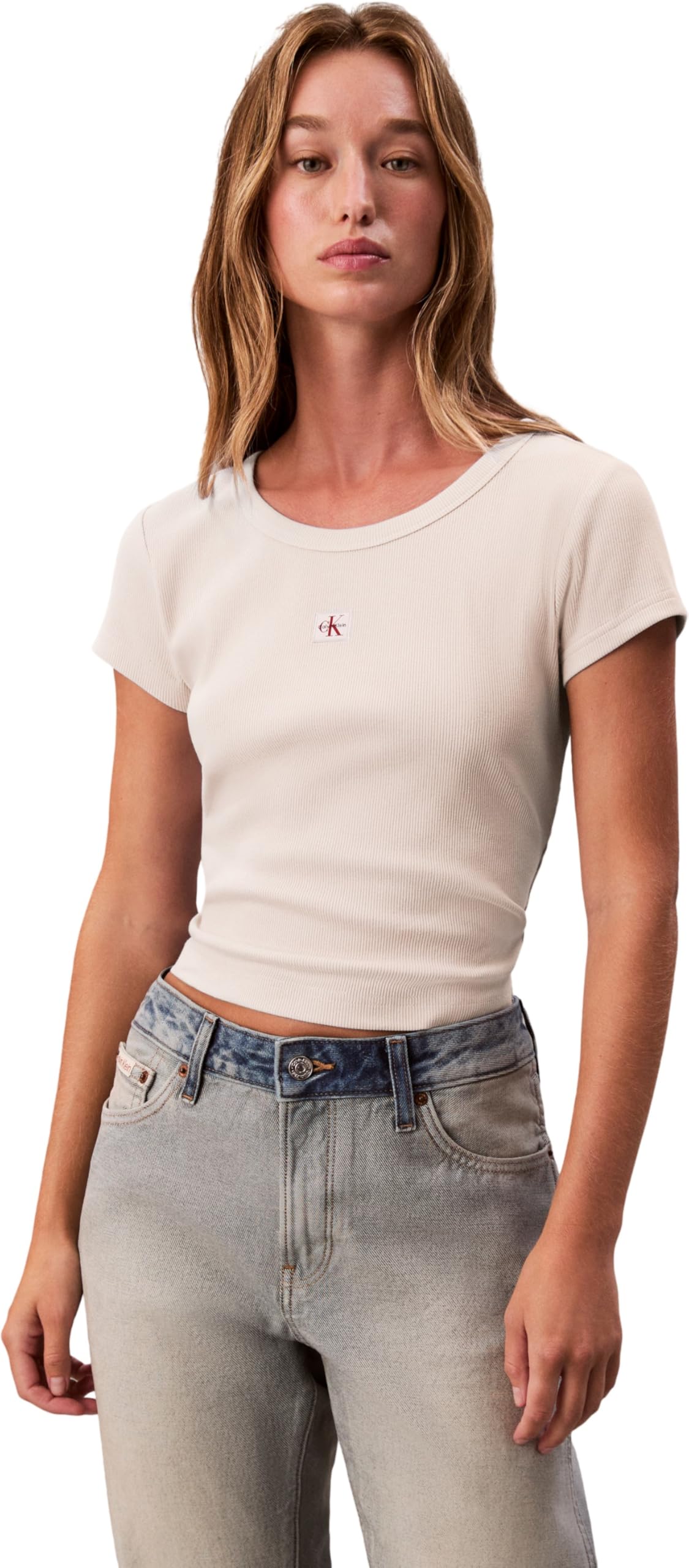 Calvin Klein Jeans LV047C200G - Camiseta Tejida con Etiqueta Tejida 2X2 para Mujer, Color Gris (Vainilla Jaspeado), L, Gris (Vanilla Heather), L