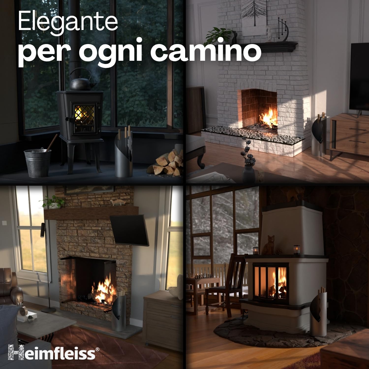 Heimfleiss® Set Camino Grigio Moderno | Attrezzi per Camino Set Camino | Kit Camino di Qualità con Attizzatoio, Spazzola-Paletta | Accessori Camino con Manici in Legno