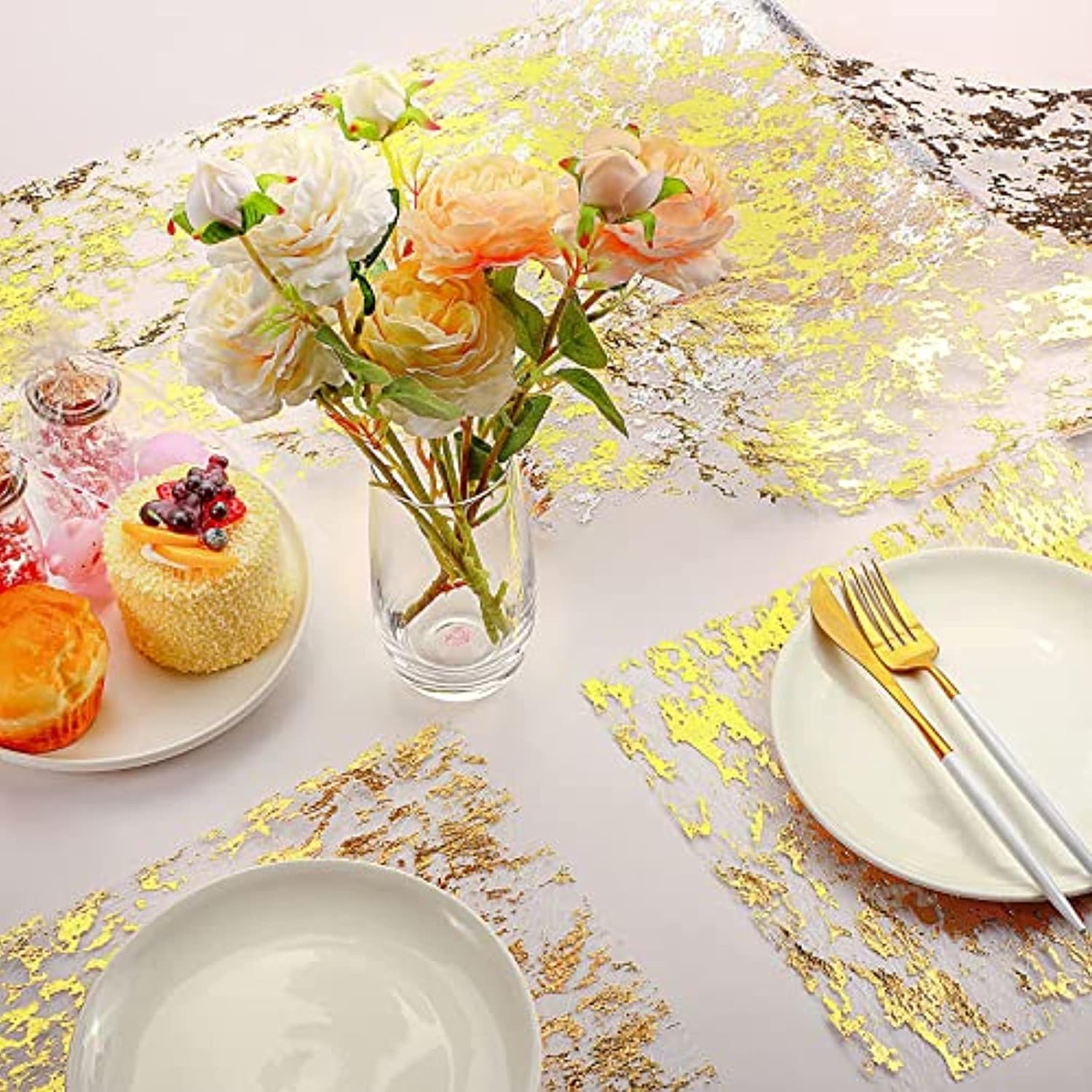Tegeme Metallic Gold Table Runner 11 Inch x 99 Feet Glitter Metallic Foil Thin Decor Gold Fabric Sequin Table Decorations with Scissors and Soft Ruler for Celebrations Birthdays Weddings Party