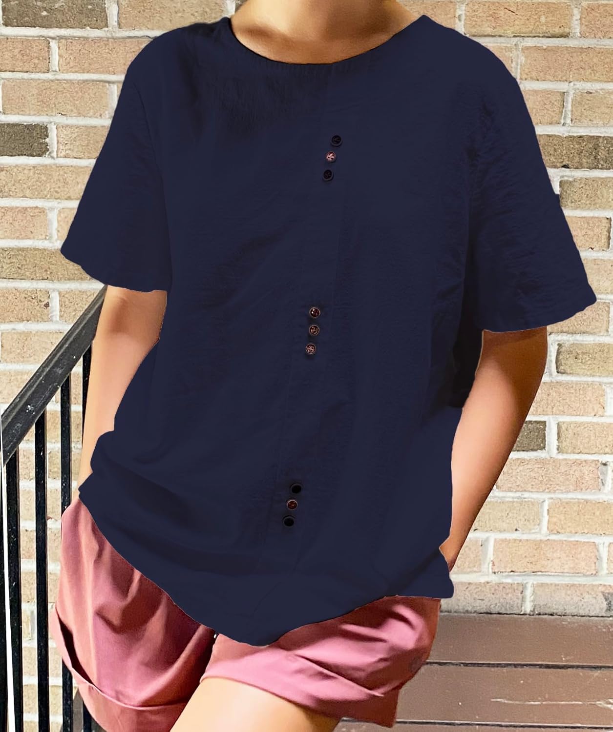 Women Cotton Linen Crew Neck Short Sleeve Tunic, Tee Shirts Tops Loose Fit, Linen Blouse for Women - Image 2