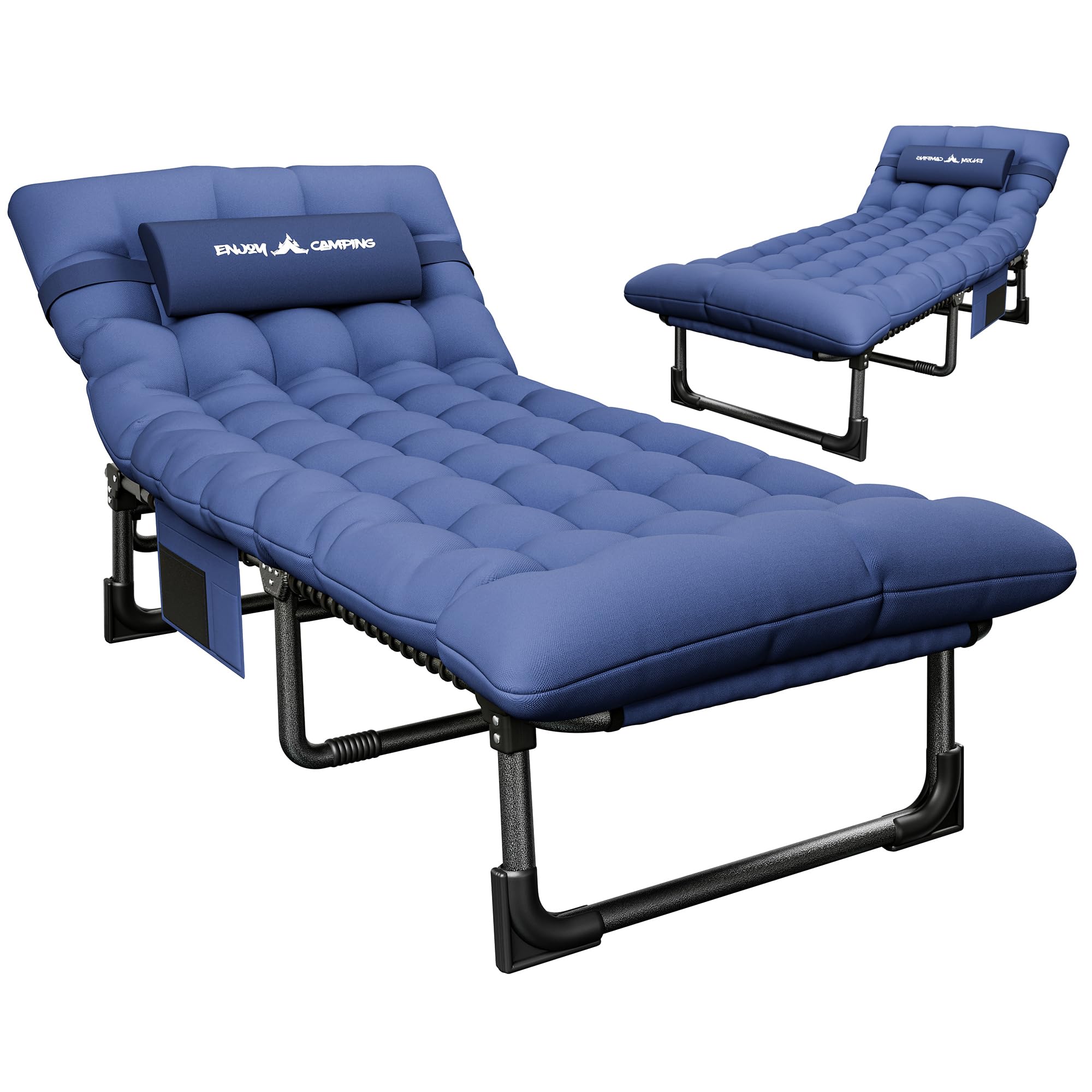 UDPATIO Sun Loungers with Cushion,180KG, Foldable Camp Bed With Adjustable Backrest Headrest, Oversize Garden Lounge Chair With Side Pockets Navy|2PCS