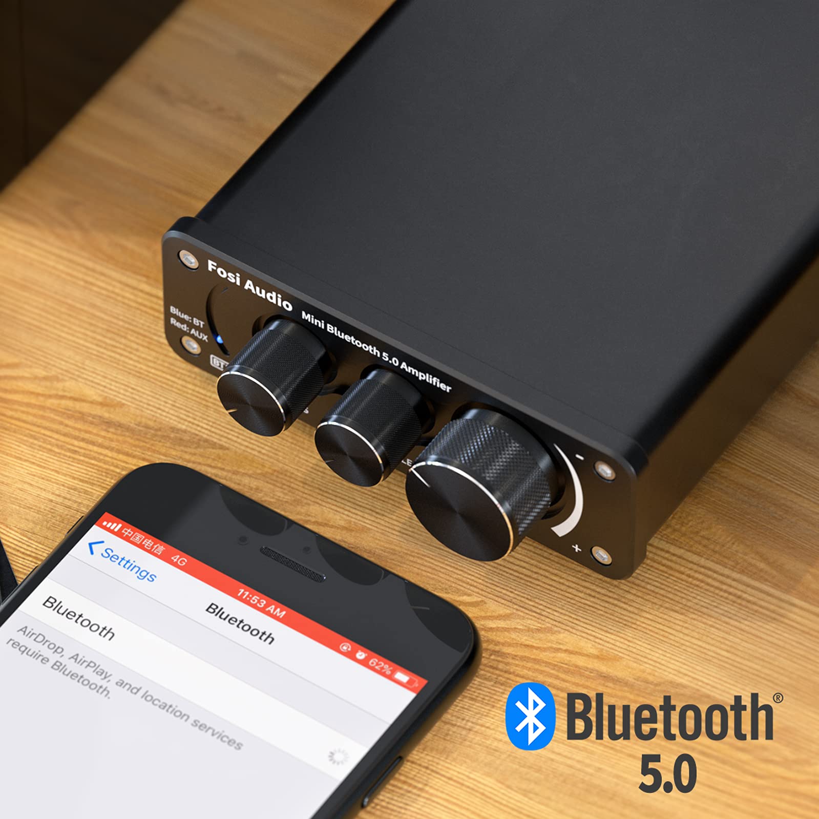 Fosi Audio BT10A Bluetooth 5.0 Amplificador de Audio Estéreo 2 Canales Clase D Mini Hi-Fi Integrado Amperio para Altavoces de Casa 50W x2 TPA3116